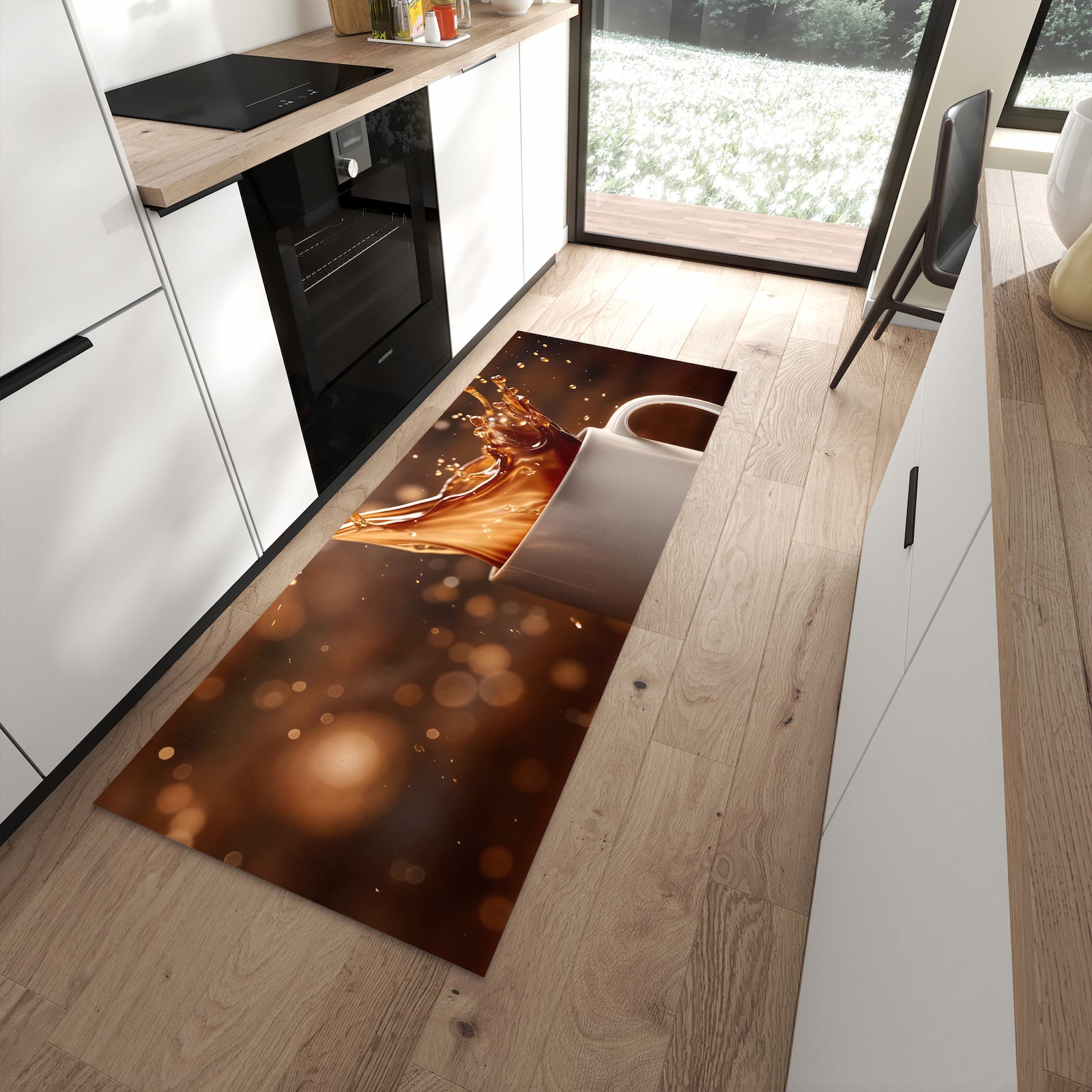 Leicht zu reinigender Küchenteppich mit Motiv Kaffee Spritzer in moderner Küche