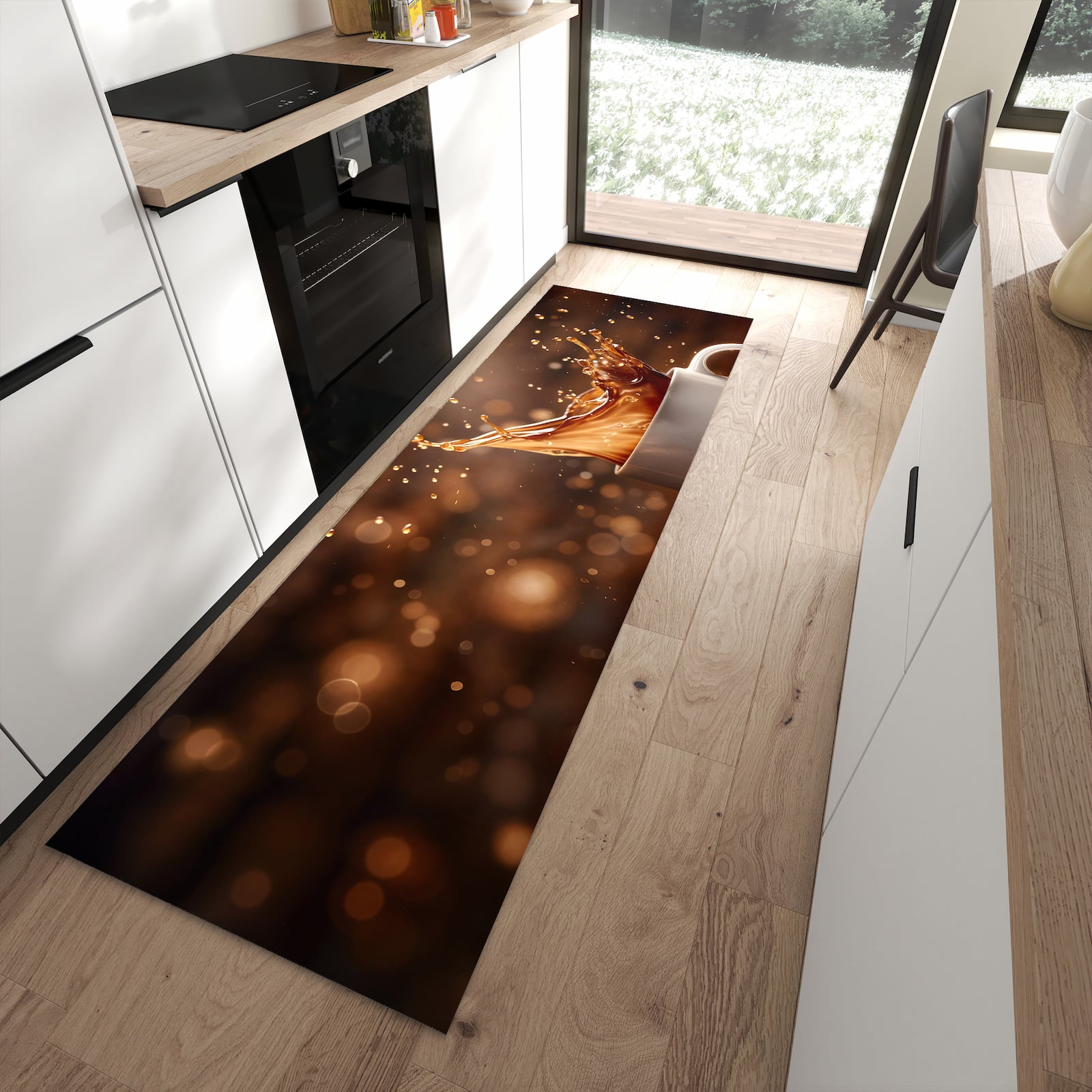 Küchenteppich mit Motiv Kaffee Spritzer für angenehmes Stehen in moderner Küche