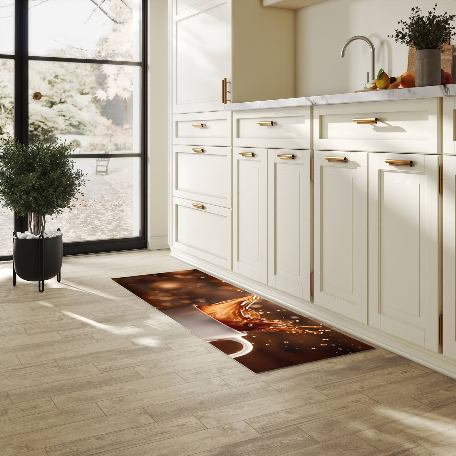 Strapazierfähiger Küchenteppich mit Motiv Kaffee Spritzer in heller Küche