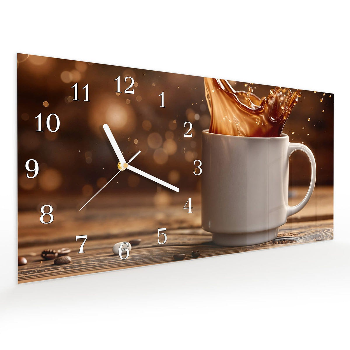 Vormontiert – mit Schwebeeffekt – Wanduhr Kaffee Spritzer aus Glas – Querformat 60 × 30 cm