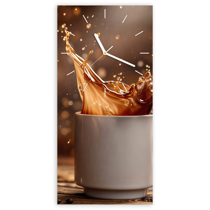 Wanduhr Kaffee Spritzer aus Glas – Hochformat 30 × 60 cm mit Ziffernblatt Linie