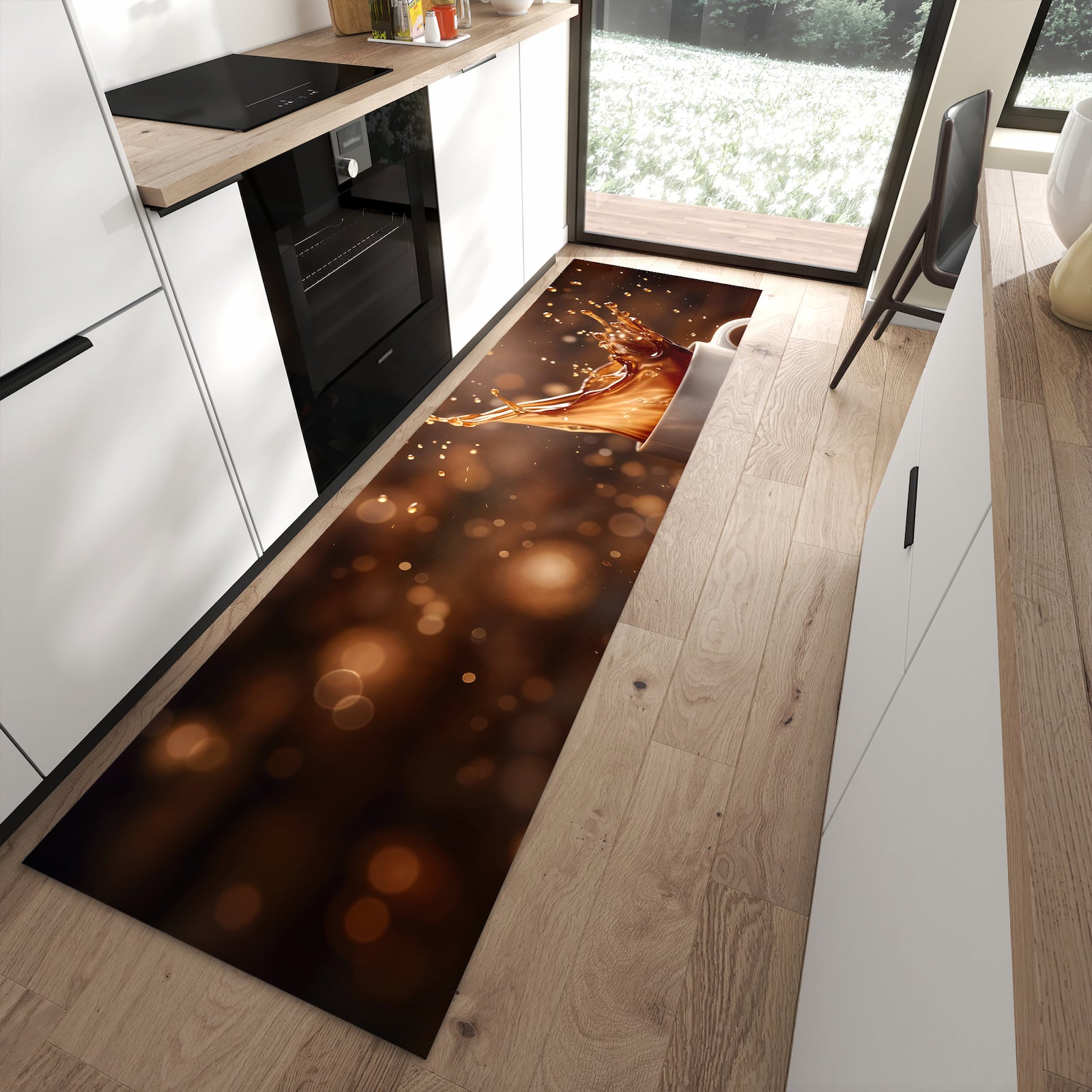 Hygienischer großer Küchenteppich mit Motiv Kaffee Spritzer in moderner Küche