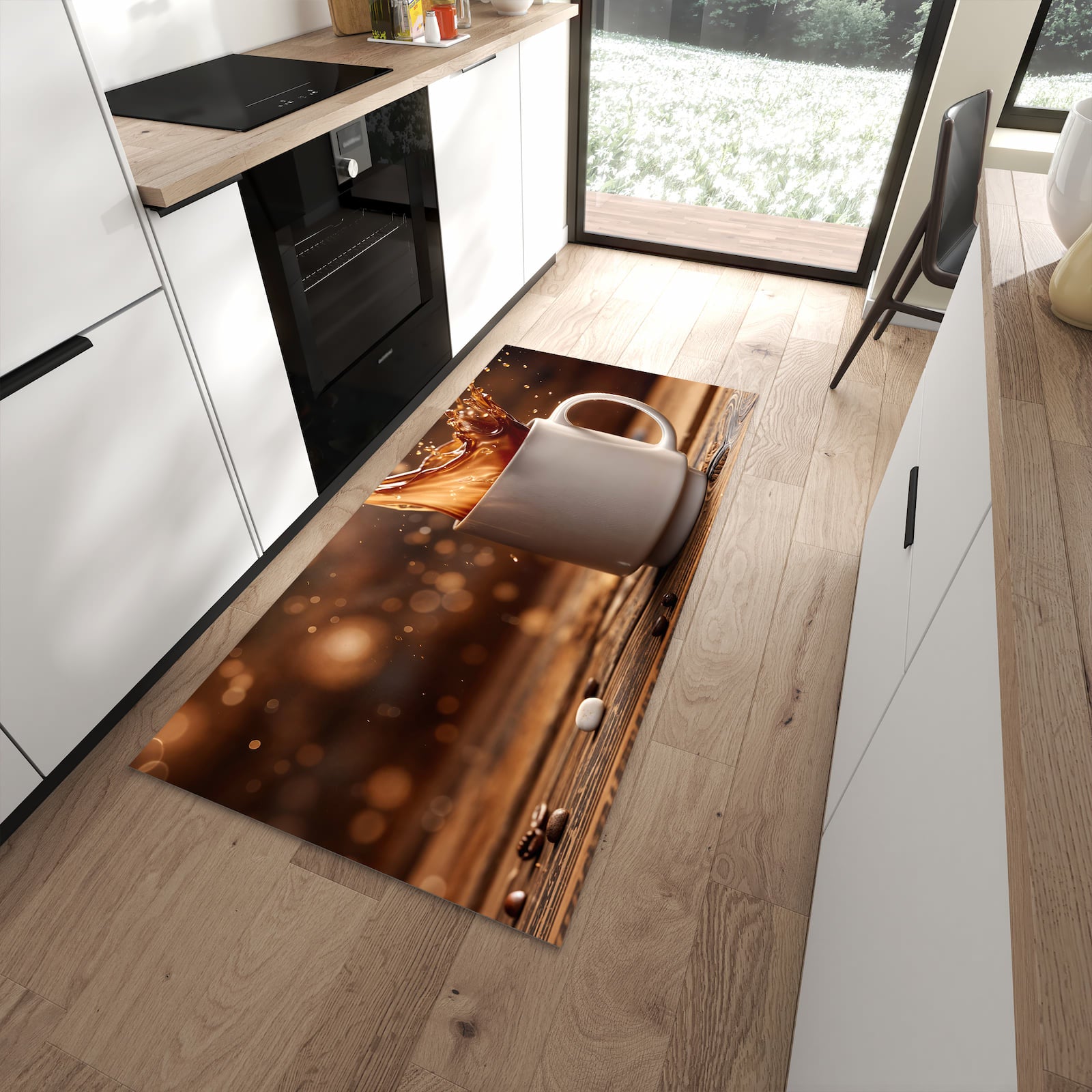 Waschbarer Küchenteppich mit Motiv Kaffee Spritzer in moderner Küche