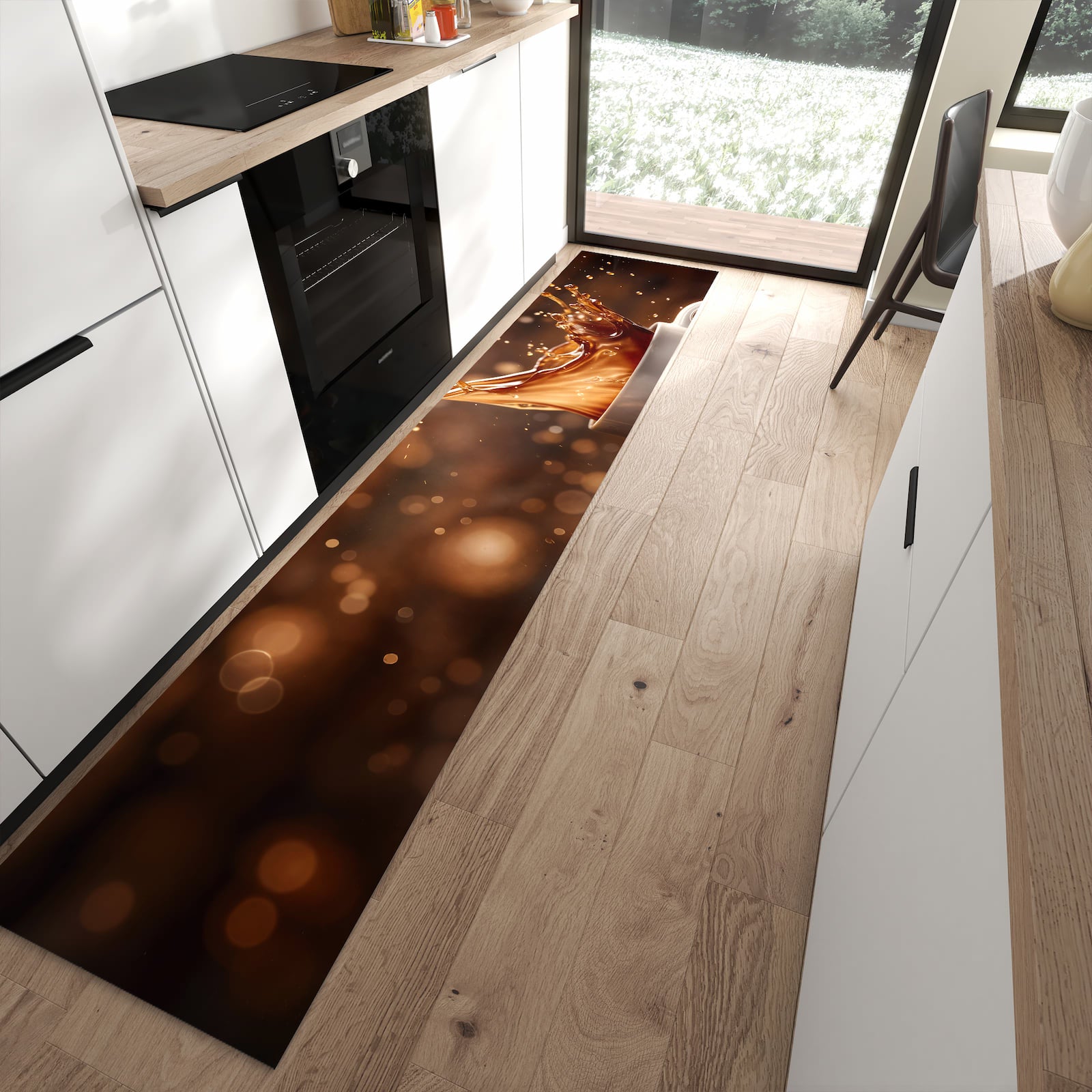 Komfortabler rutschfester Küchenteppich mit Motiv Kaffee Spritzer in moderner Küche