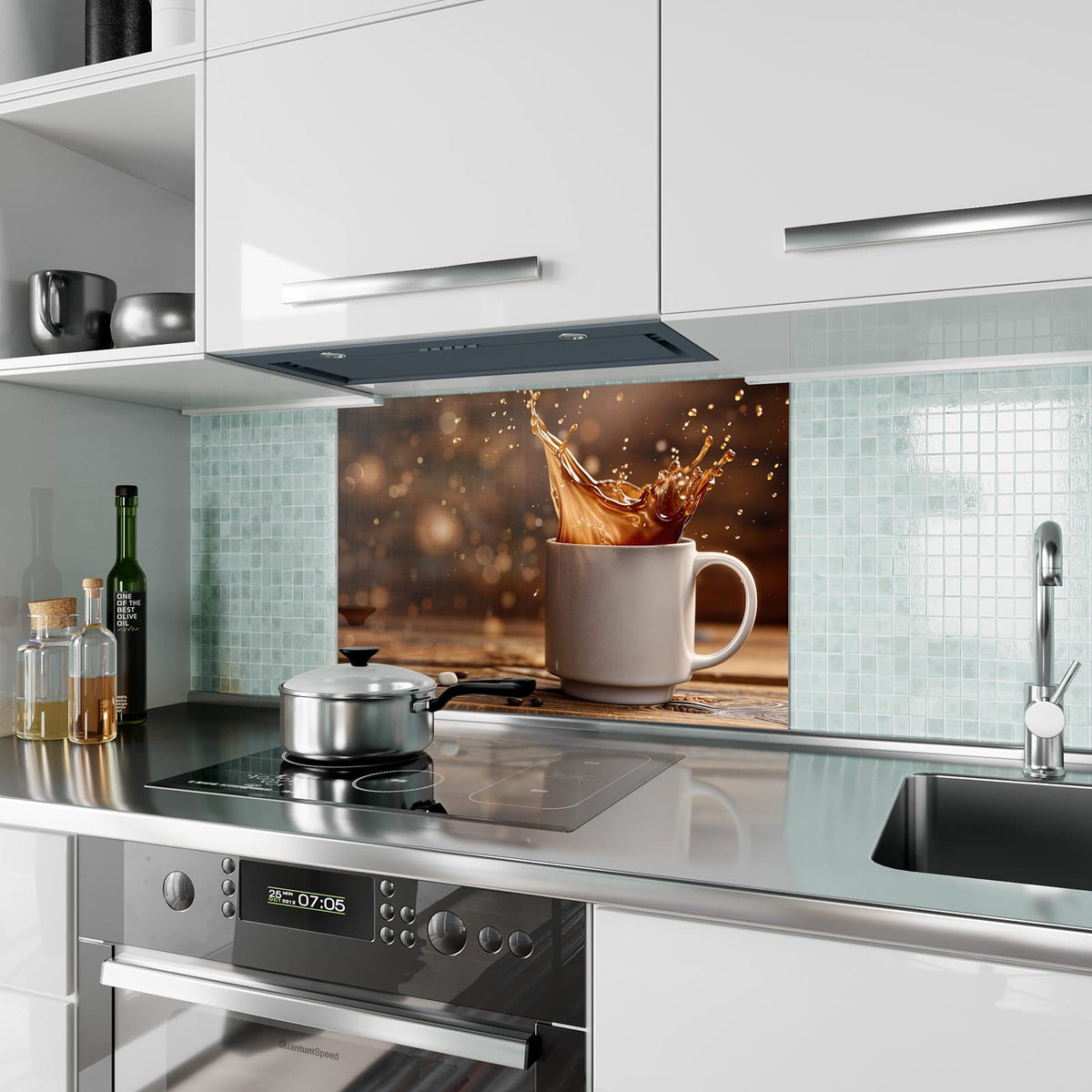 Küchenrückwand aus Glas Goldene Kaffeewelle im Hochformat als Spritzschutz hinter dem Kochfeld, über dem Fliesenspiegel montiert
