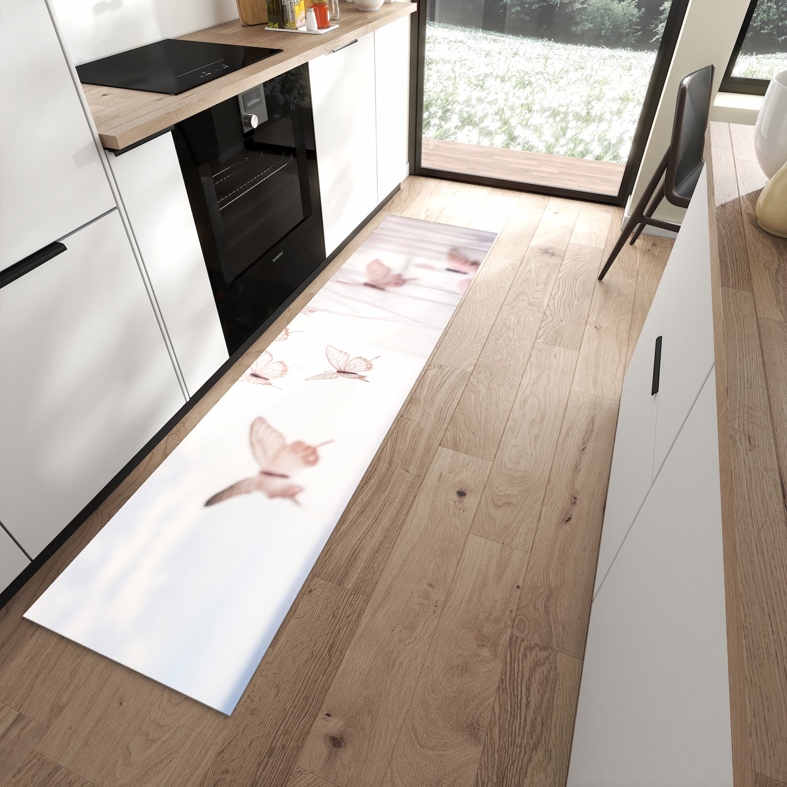 Farbbeständiger waschbarer Küchenläufer mit Motiv Schmetterlinge Vorhangsins in moderner Küche
