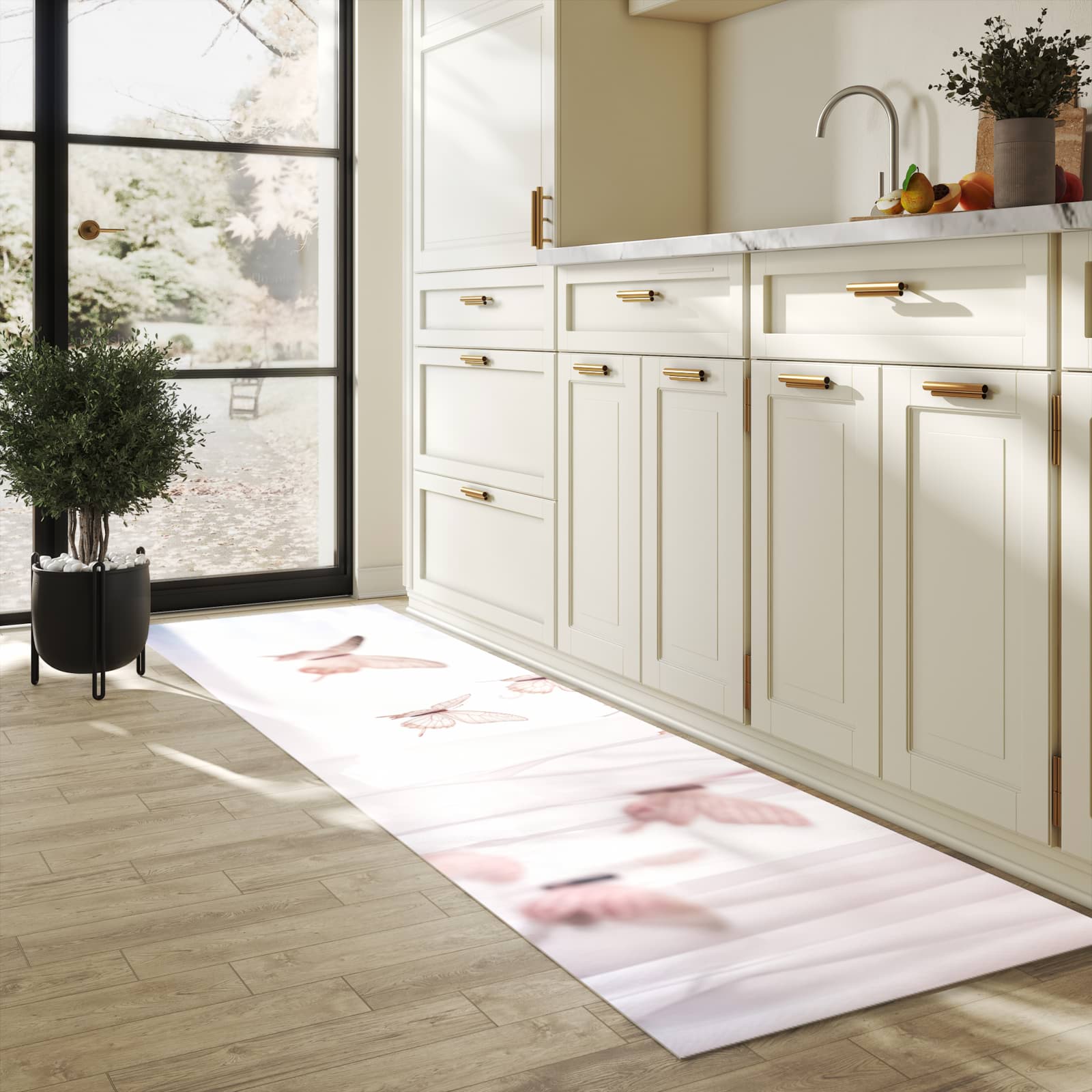 Komfortabler Teppich fürs Esszimmer mit Motiv Schmetterlinge Vorhangsins in heller Küche, waschbar