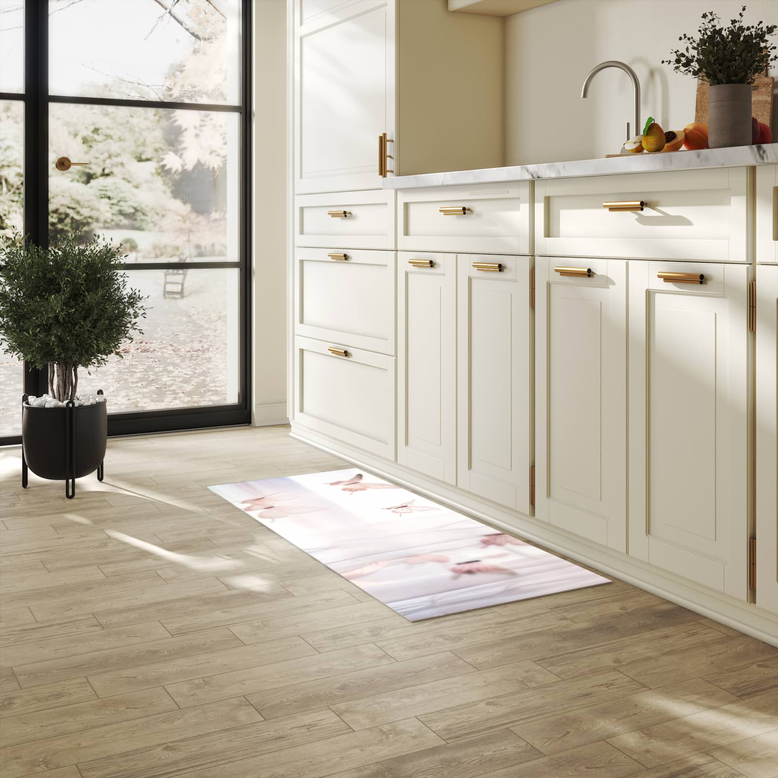 UV-beständiger Teppichläufer mit Motiv Schmetterlinge Vorhangsins in heller Küche