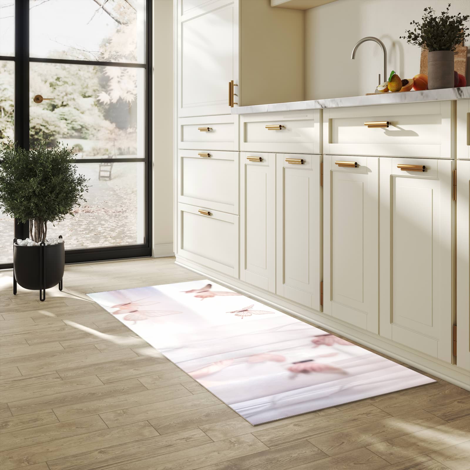 Langlebiger dünner Küchenteppich mit Motiv Schmetterlinge Vorhangsins in heller Küche