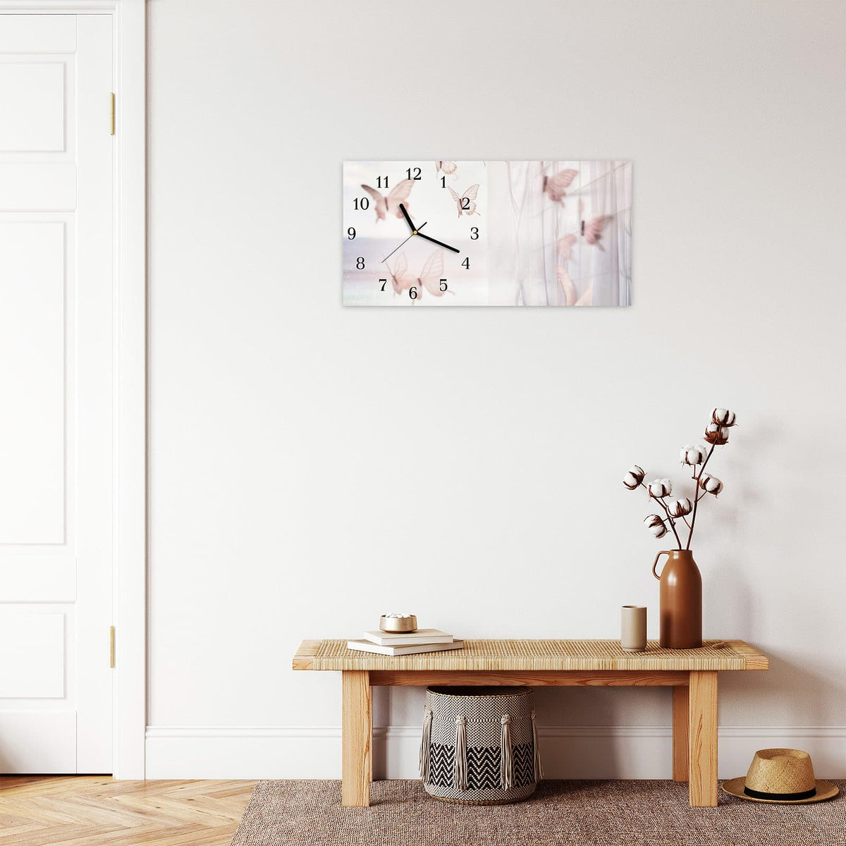Moderne Wanduhr aus Glas mit Farbtiefe – Wanduhr Schmetterlinge Vorhangsins aus Glas – Querformat 60 × 30 cm