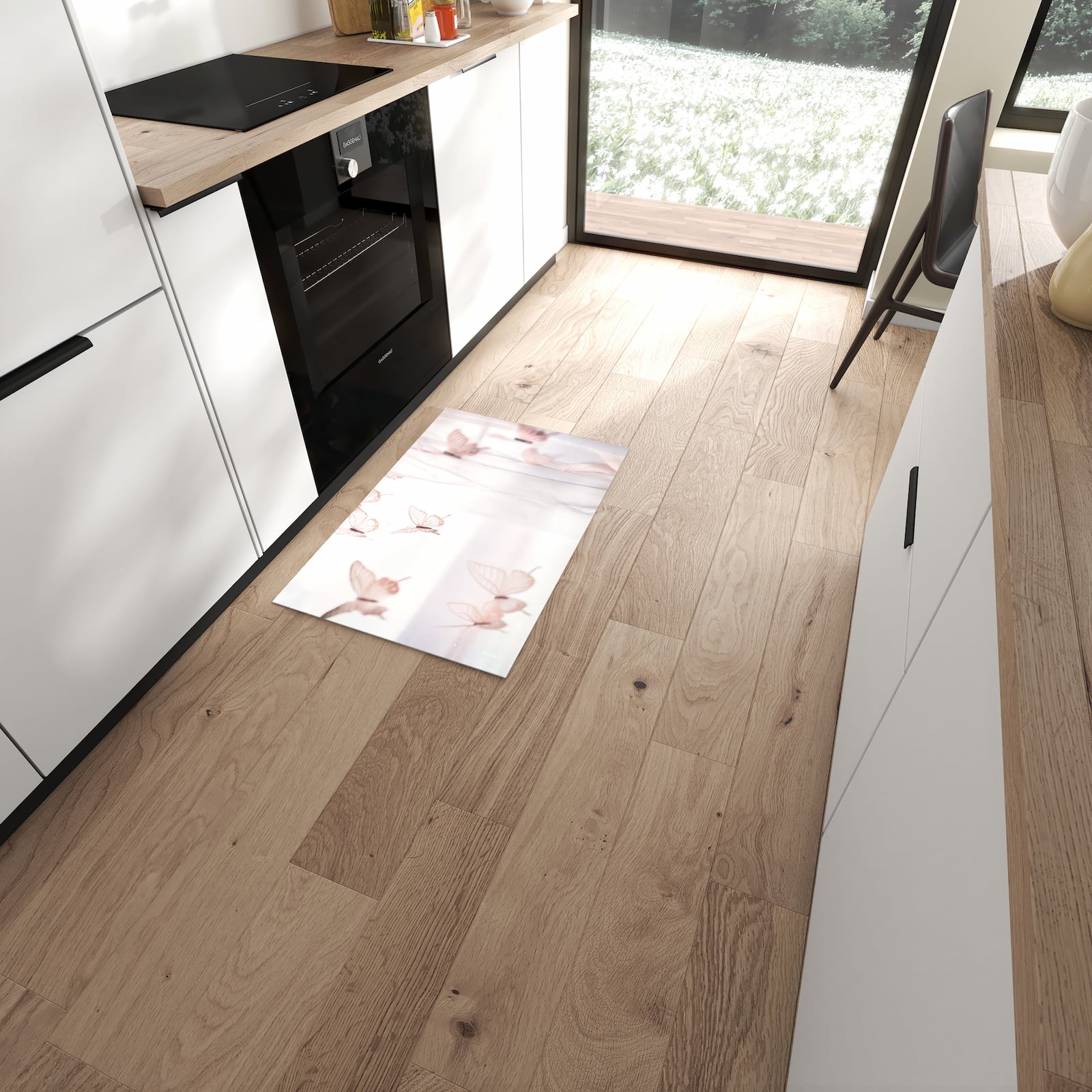 Zeitsparender rutschfester Läufer mit Motiv Schmetterlinge Vorhangsins in moderner Küche