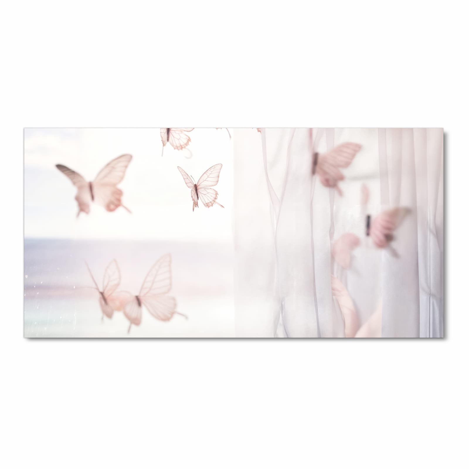 Fleckenresistenter Küchenteppich mit Motiv Schmetterlinge Vorhangsins in Frontansicht für die Küche