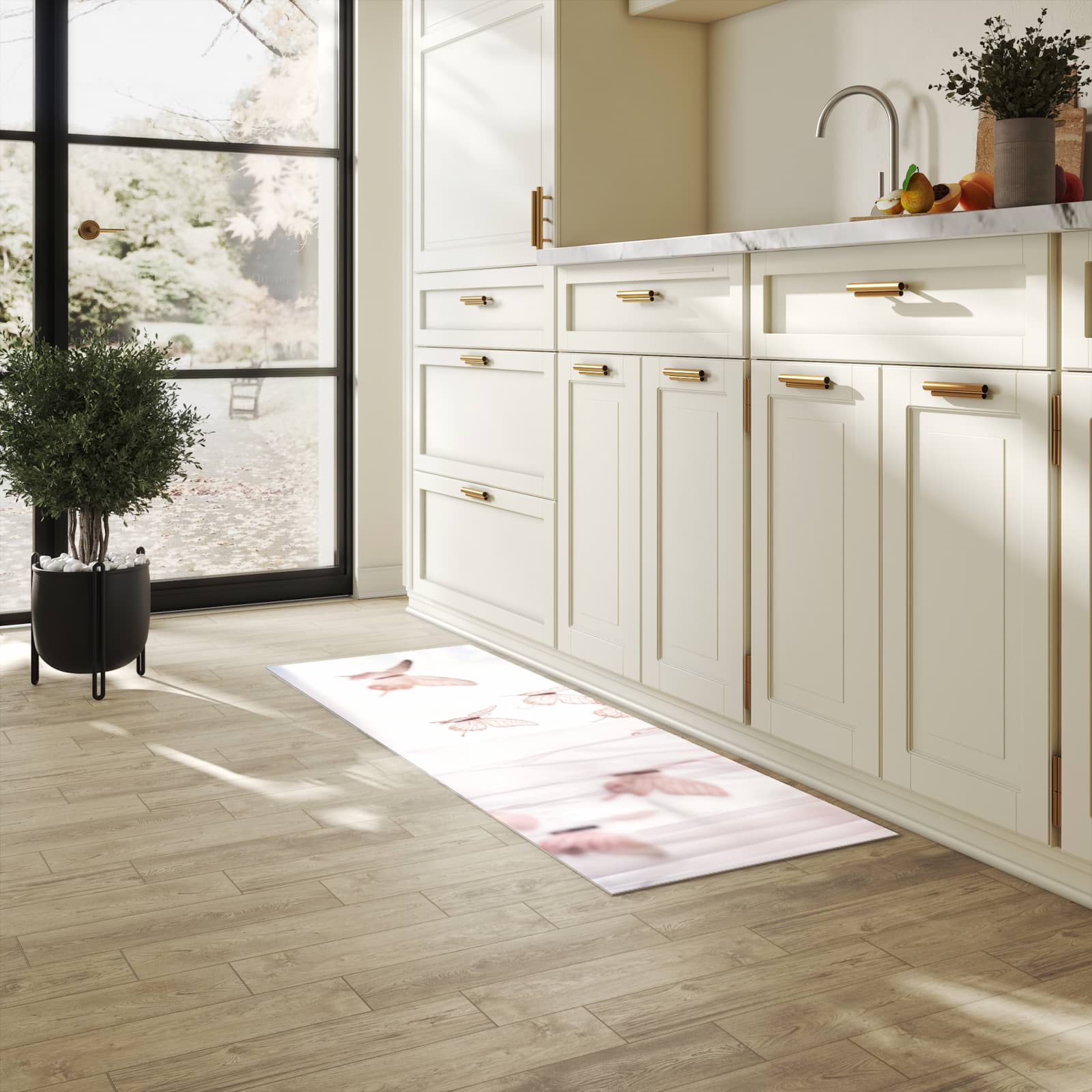 Waschbarer Küchenläufer mit Motiv Schmetterlinge Vorhangsins für Trittkomfort in heller Küche