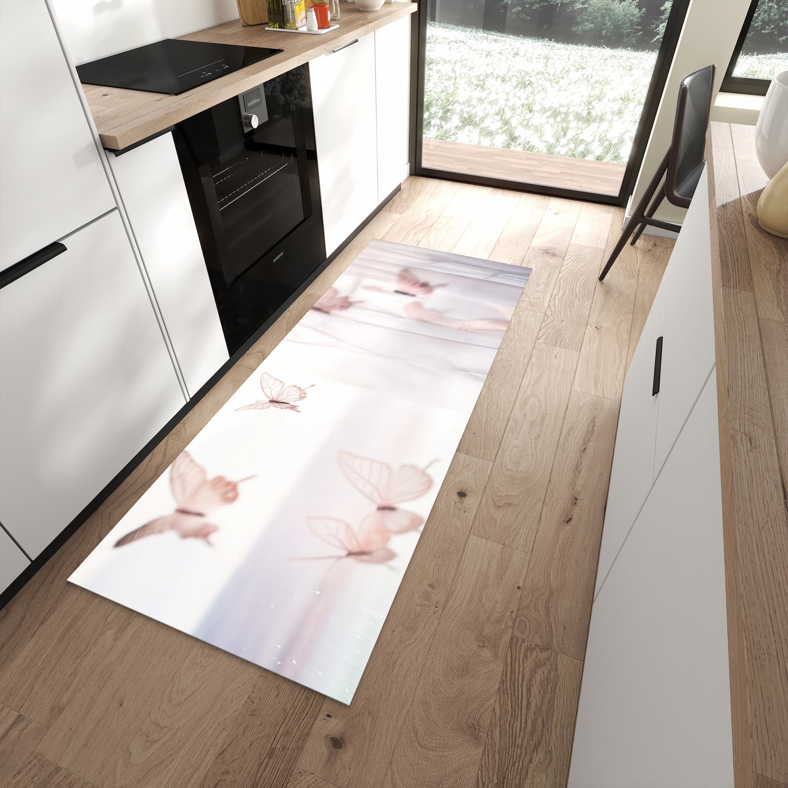 Geräuschdämpfender dünner Teppich mit Motiv Schmetterlinge Vorhangsins in moderner Küche