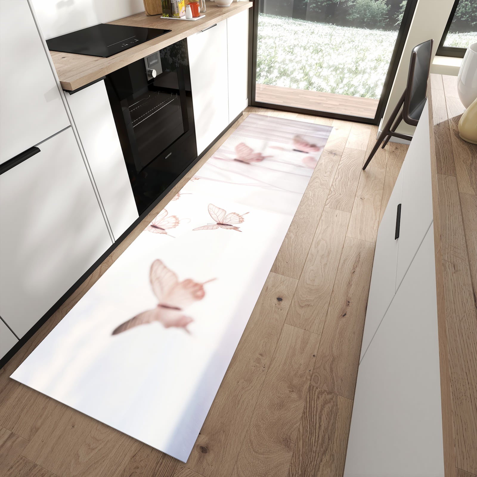 UV-beständiger waschbarer Küchenteppich mit Motiv Schmetterlinge Vorhangsins in moderner Küche