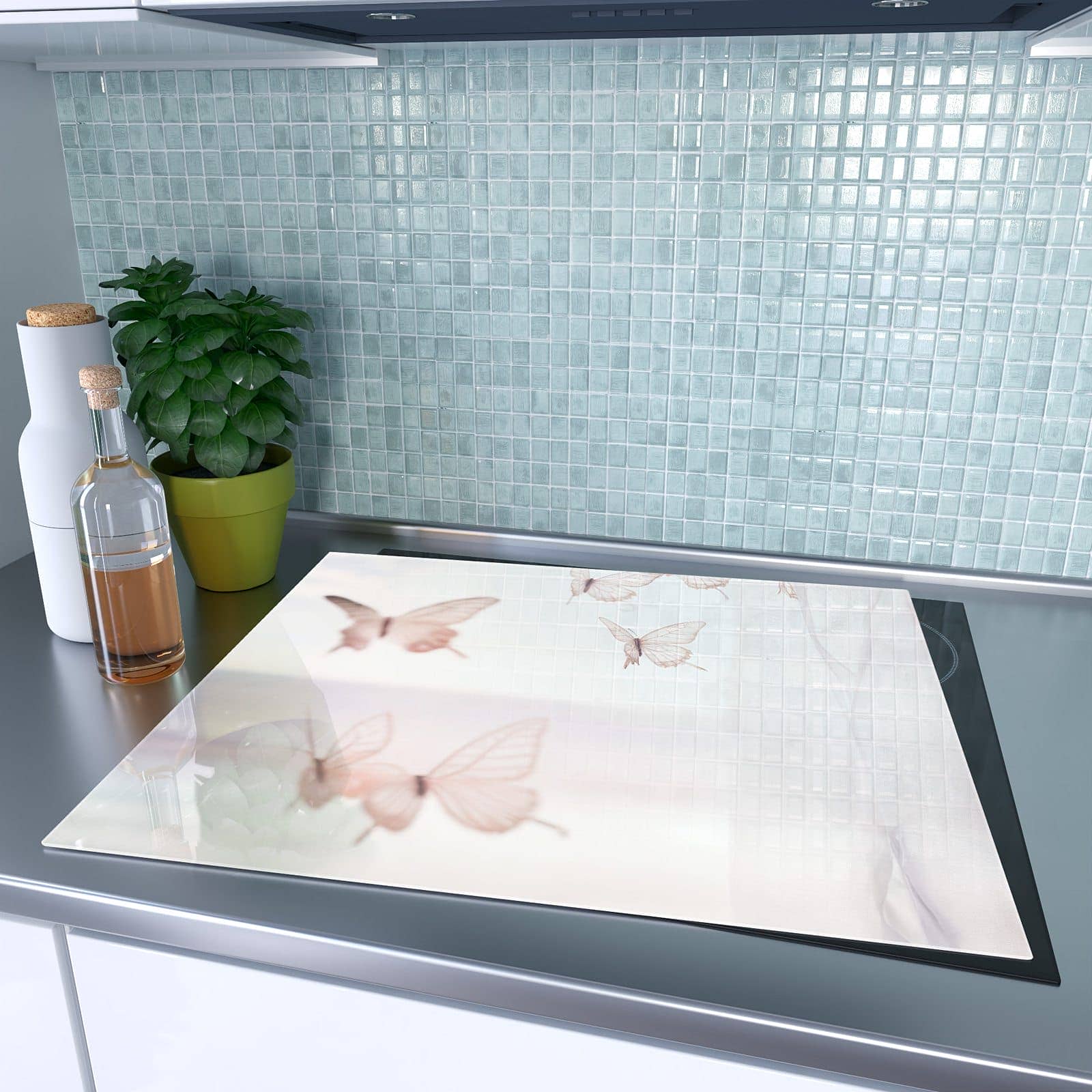 1-teilige Glasplatte für Herd mit Schmetterlinge Vorhangsins-Motiv auf dem Ceranfeld