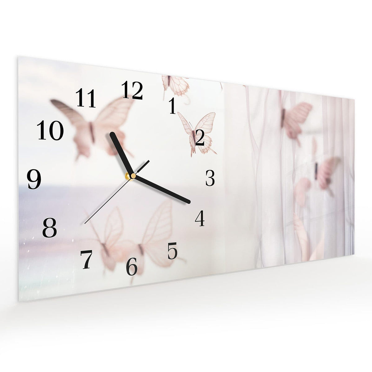 Vormontiert – mit Schwebeeffekt – Wanduhr Schmetterlinge Vorhangsins aus Glas – Querformat 60 × 30 cm