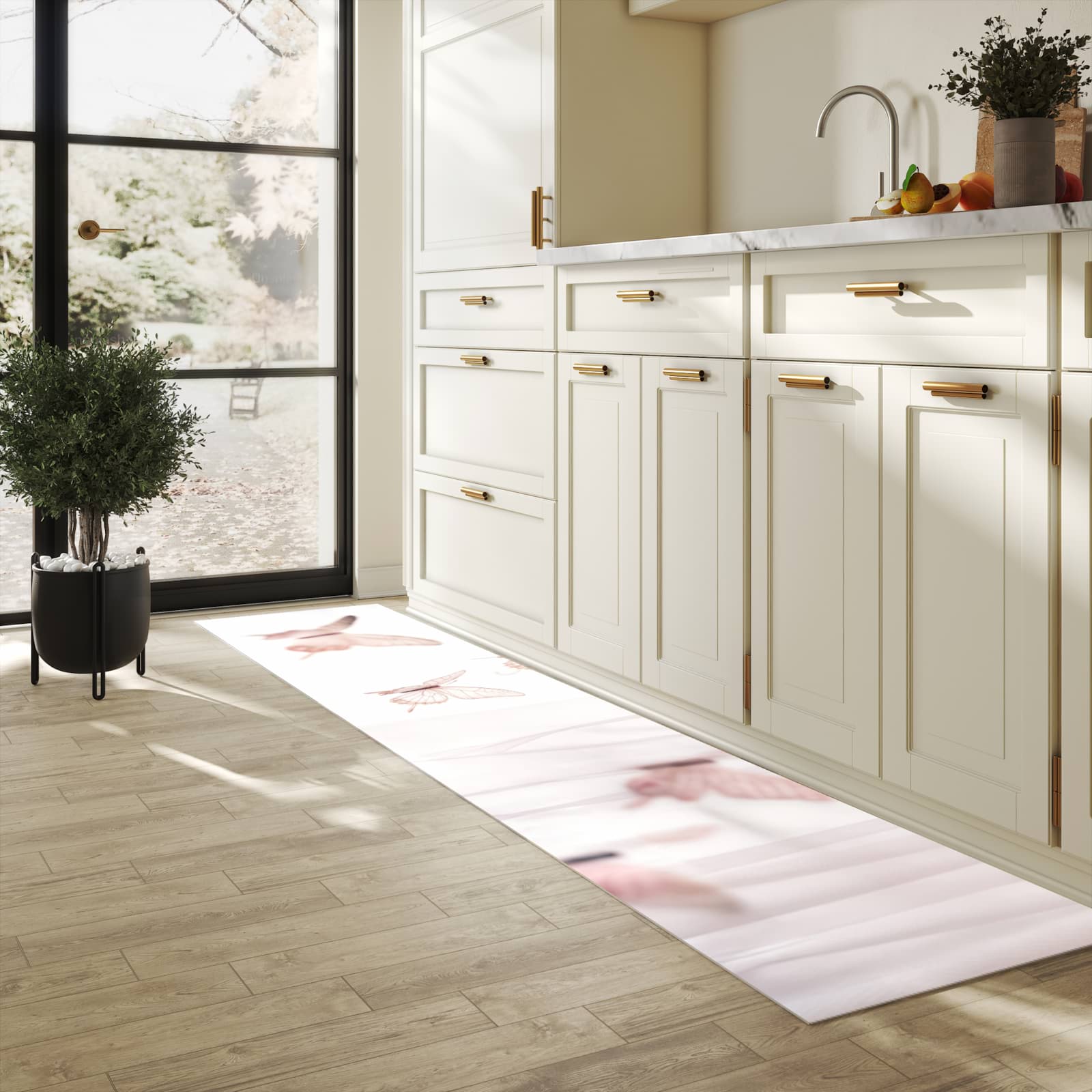 Schmutzabweisender Läufer mit Motiv Schmetterlinge Vorhangsins für Eingangsbereich in heller Küche