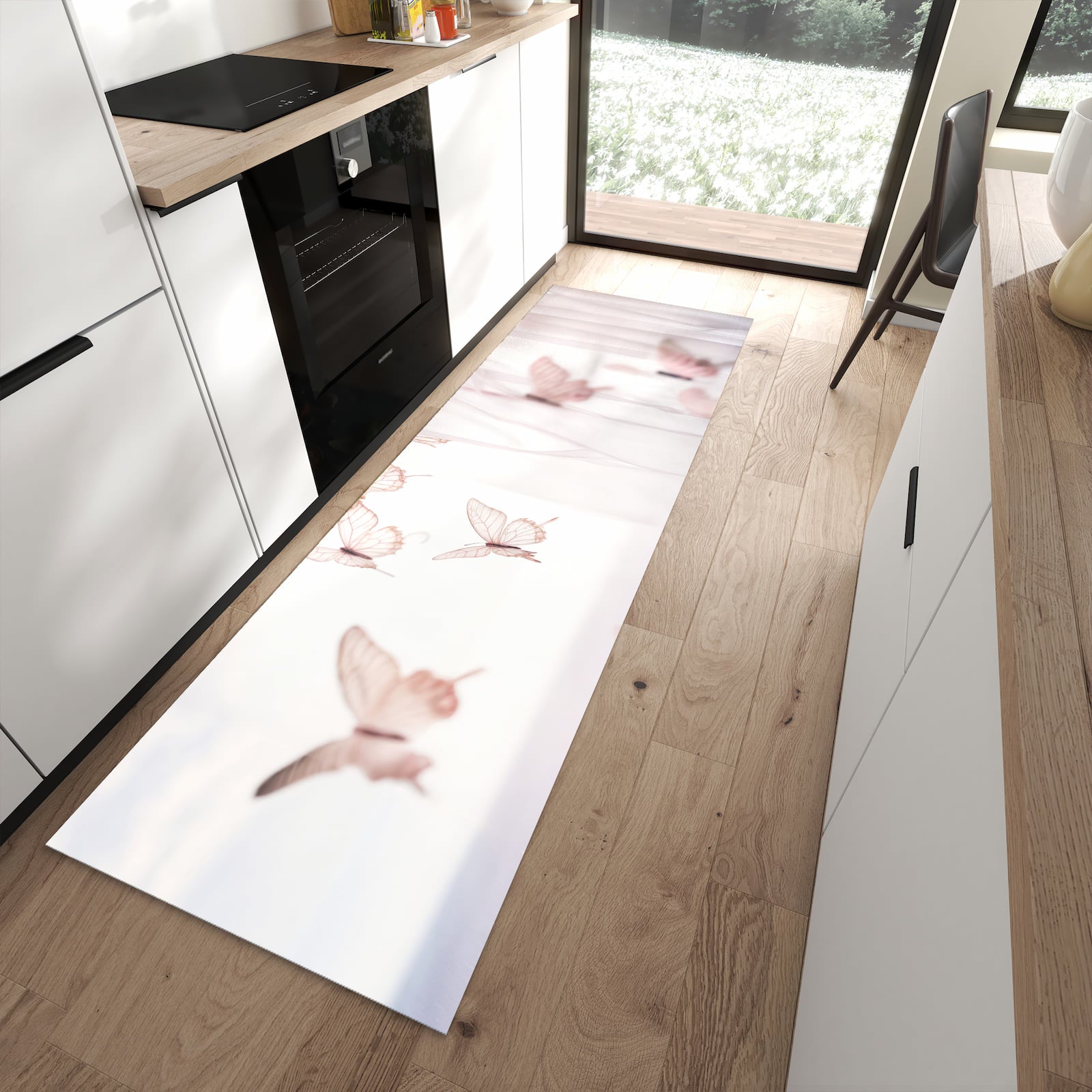 Abriebfester Küchenteppich mit Motiv Schmetterlinge Vorhangsins in moderner Küche