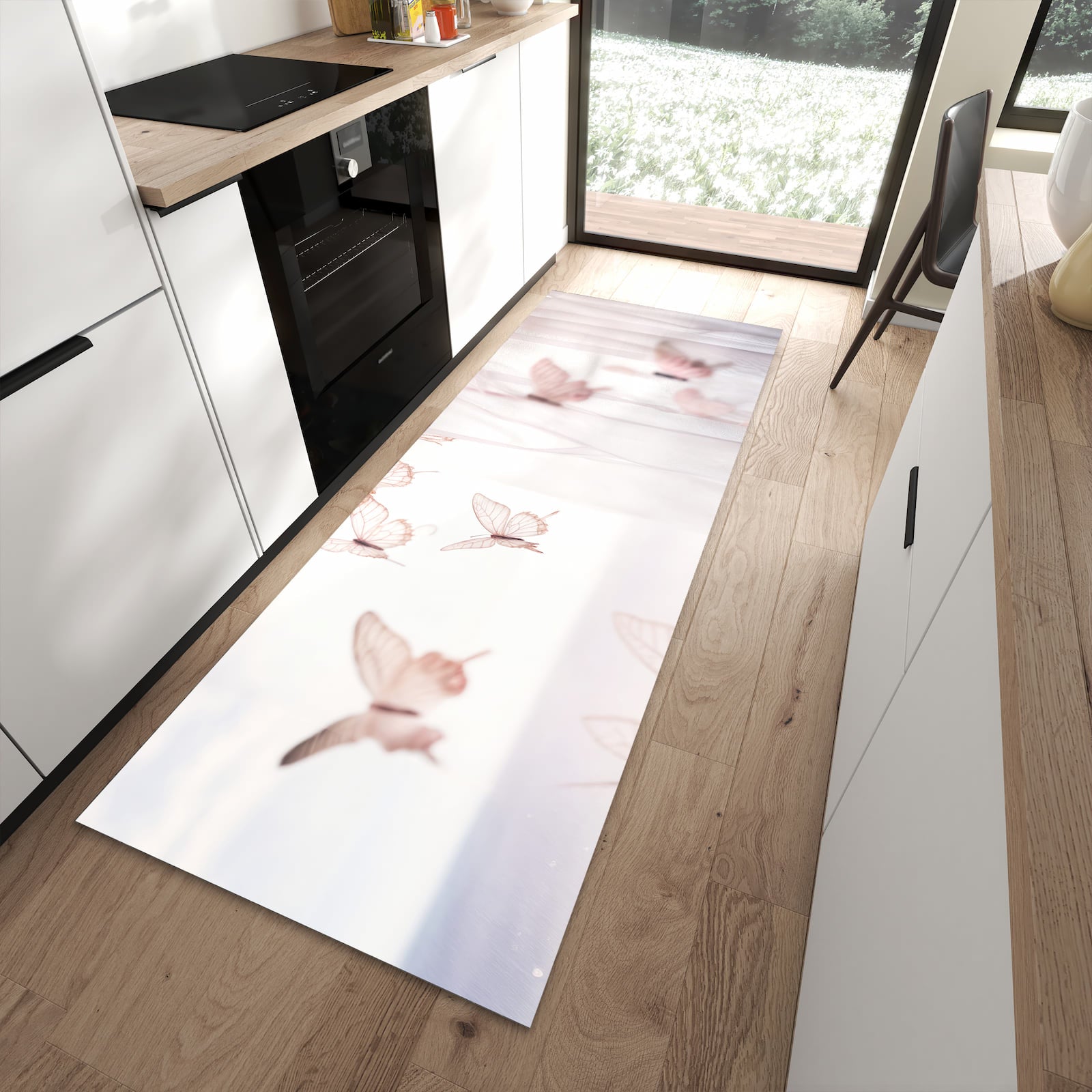 Fleckenresistenter rutschfester Küchenteppich mit Motiv Schmetterlinge Vorhangsins in moderner Küche