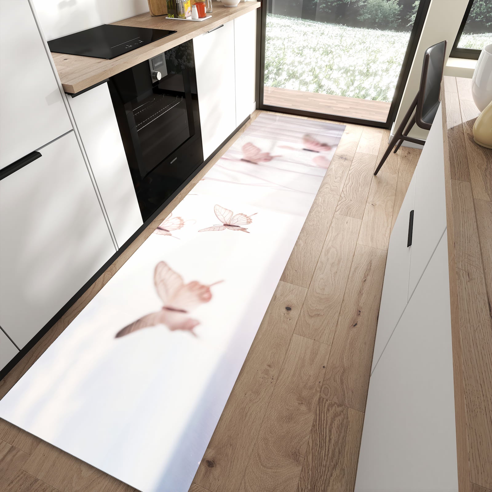 Küchenteppich mit Motiv Schmetterlinge Vorhangsins für Trittkomfort in moderner Küche, waschbar
