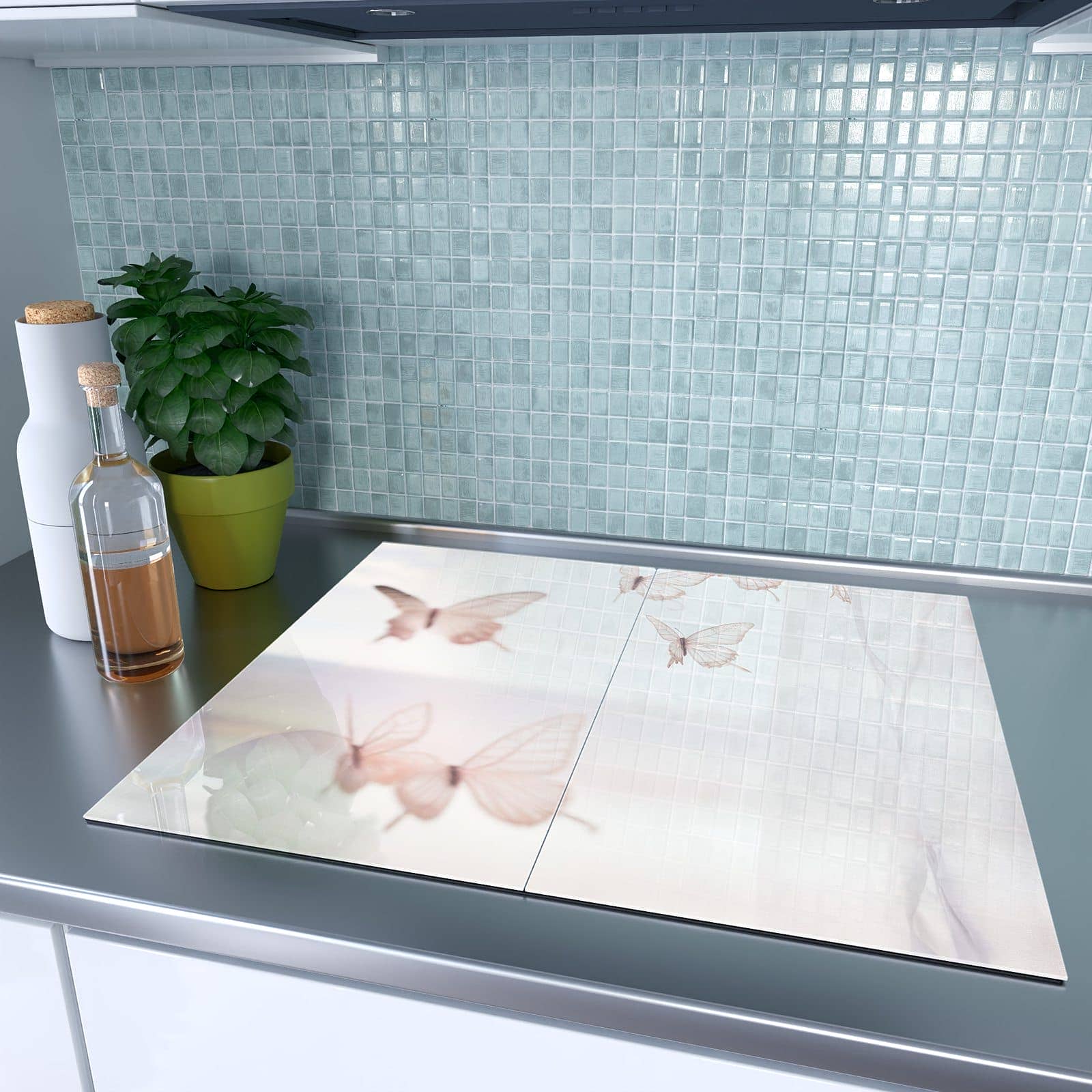 2-teilige Abdeckplatten für Herd mit Schmetterlinge Vorhangsins-Motiv auf dem Ceranfeld