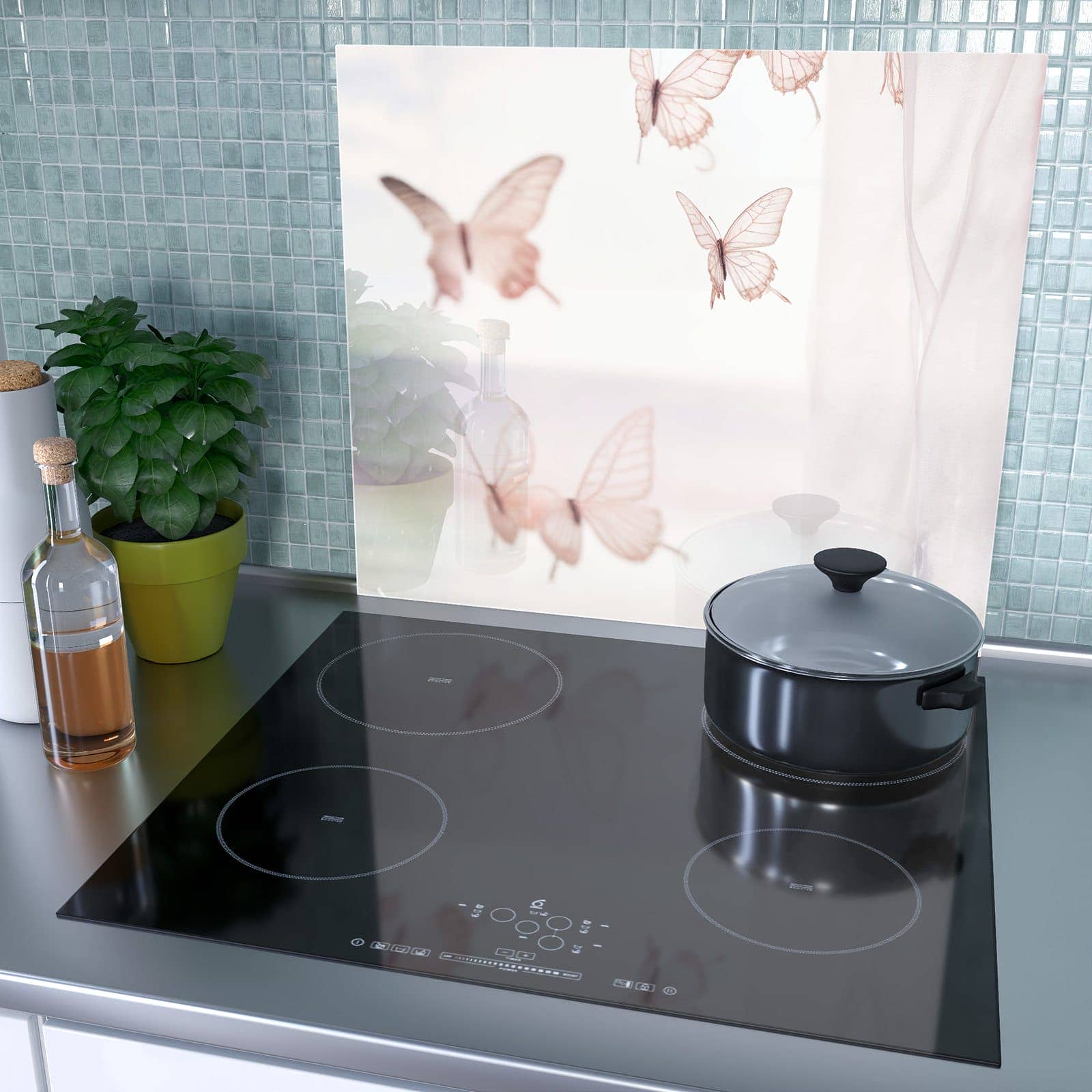1-teilige Herdabdeckplatte mit Schmetterlinge Vorhangsins-Motiv als Spritzschutz hinter dem Kochfeld