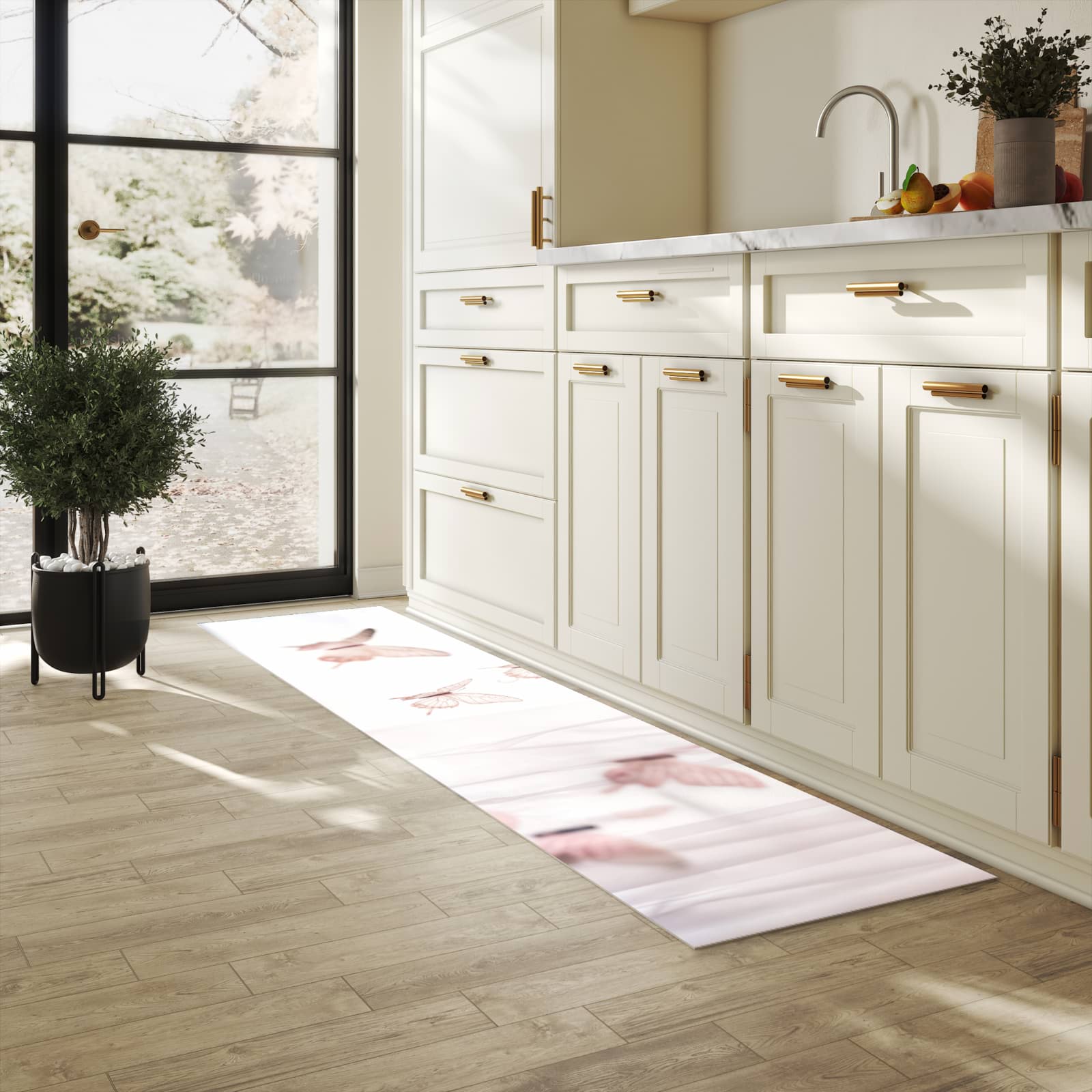 Fleckenresistenter langer Teppich mit Motiv Schmetterlinge Vorhangsins in heller Küche