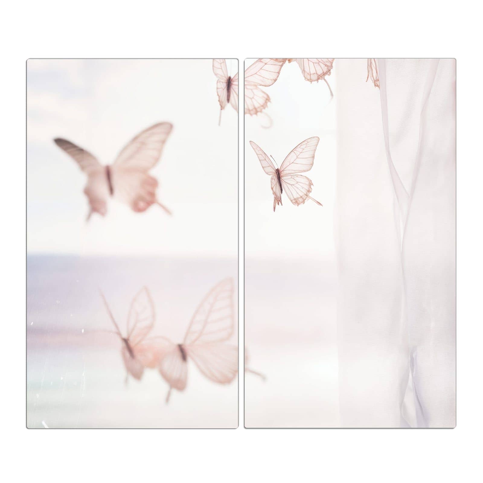 2-teilige Glasabdeckplatte für Ceranfeld mit Schmetterlinge Vorhangsins-Motiv in der Frontansicht #grösse_2-Teilig (60x52cm)