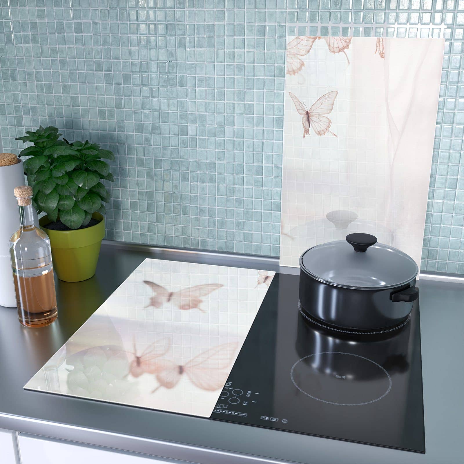 2-teilige Herdabdeckplatte für Ceranfeld mit Schmetterlinge Vorhangsins-Motiv als Spritzschutz hinter dem Kochfeld