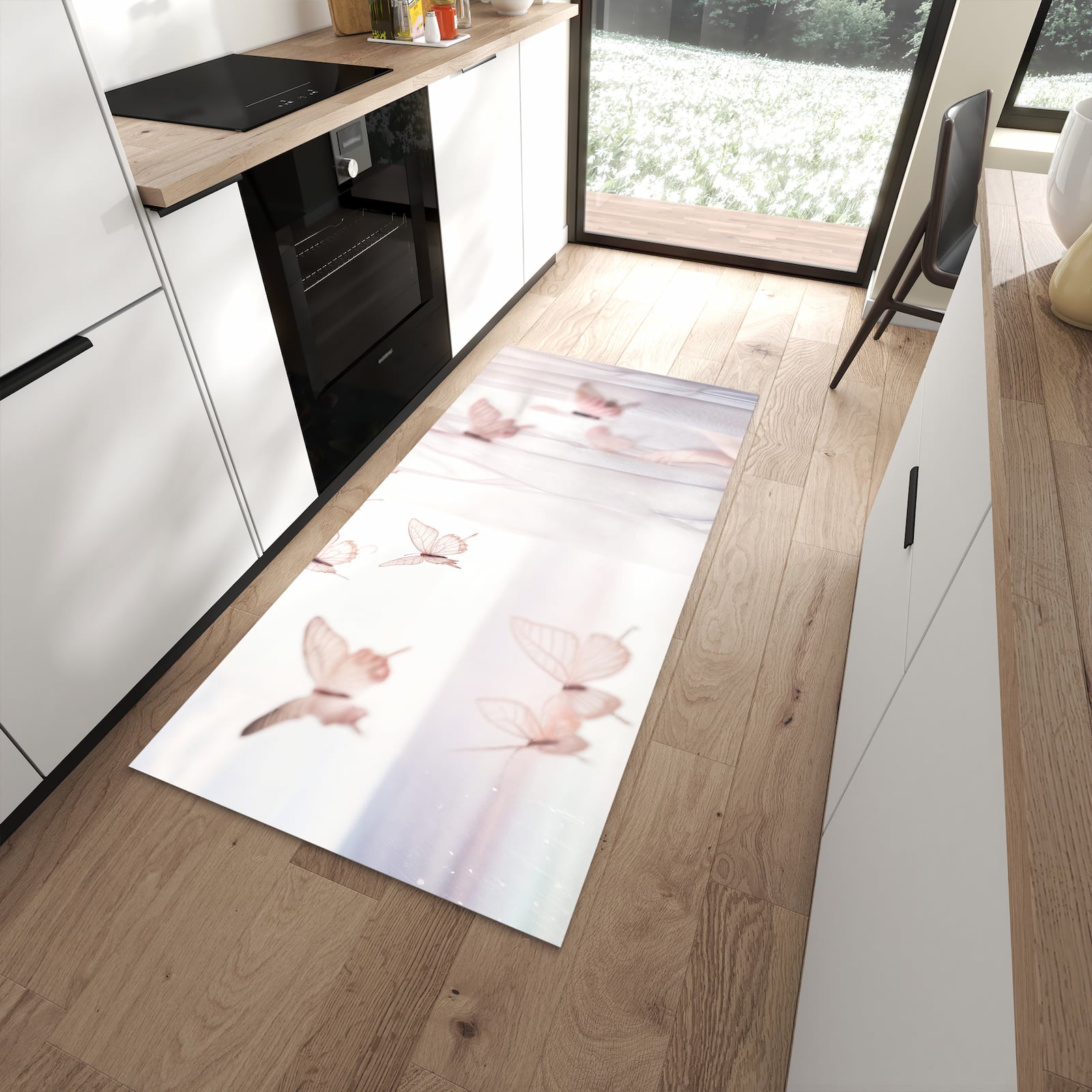 Wasserabweisender Teppich für Esstisch mit Motiv Schmetterlinge Vorhangsins in moderner Küche