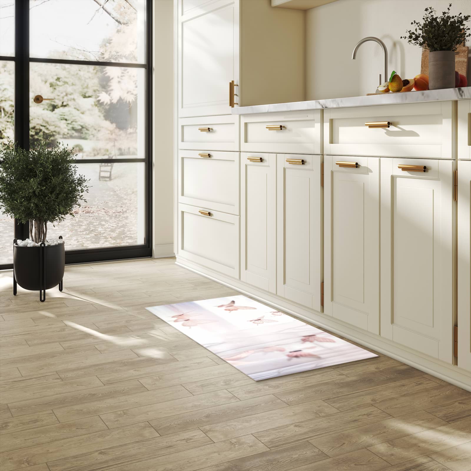 Abriebfester Küchenläufer mit Motiv Schmetterlinge Vorhangsins in heller Küche