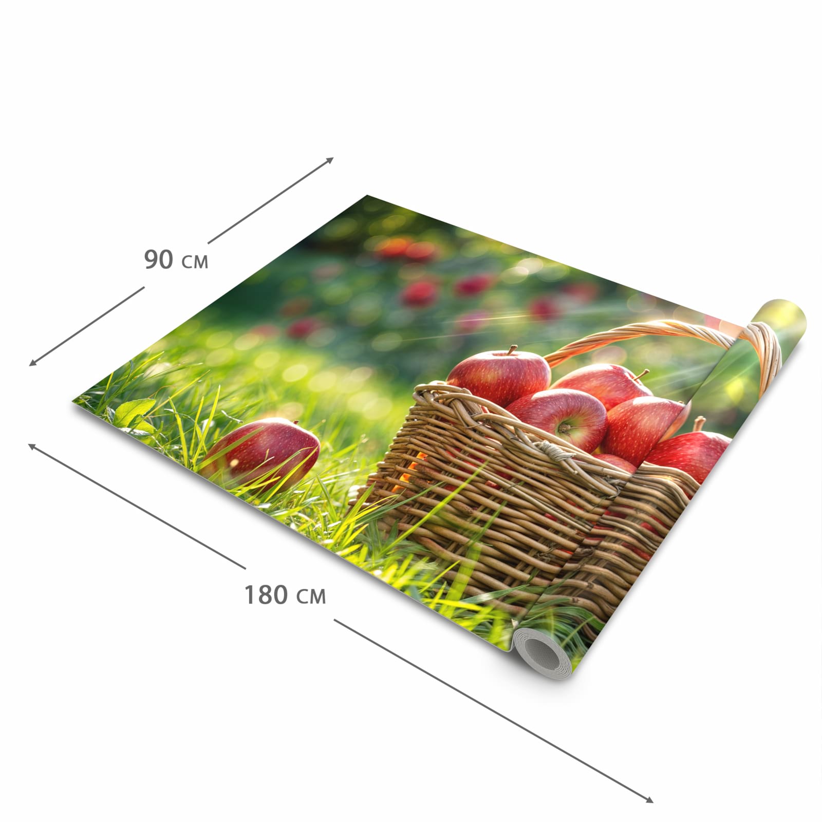 Feuchtigkeitsresistenter waschbarer Teppich Esstisch mit Motiv Korb mit roten Äpfeln in der Grösse 60x300 cm