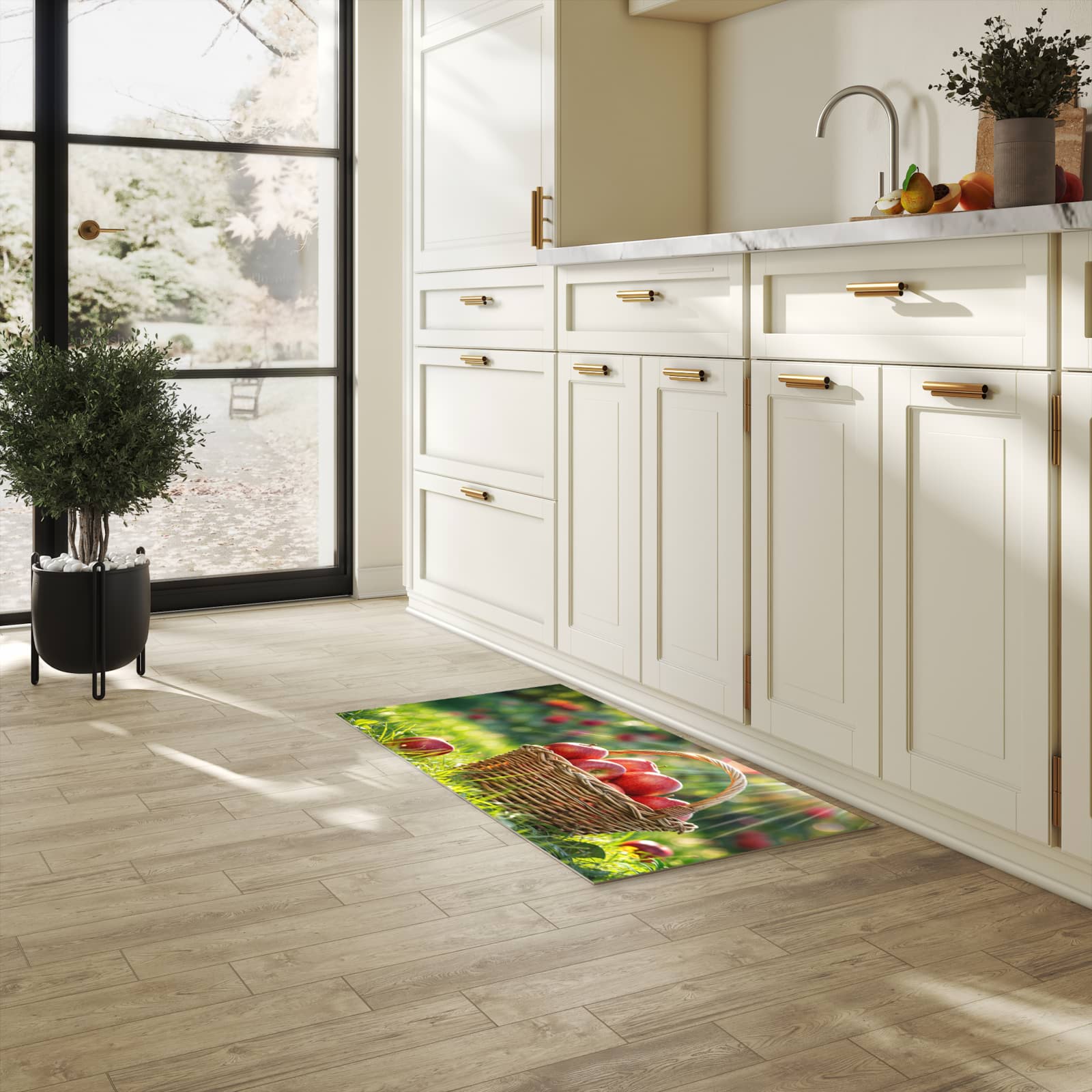 Strapazierfähiger Küchenteppich mit Motiv Korb mit roten Äpfeln in heller Küche