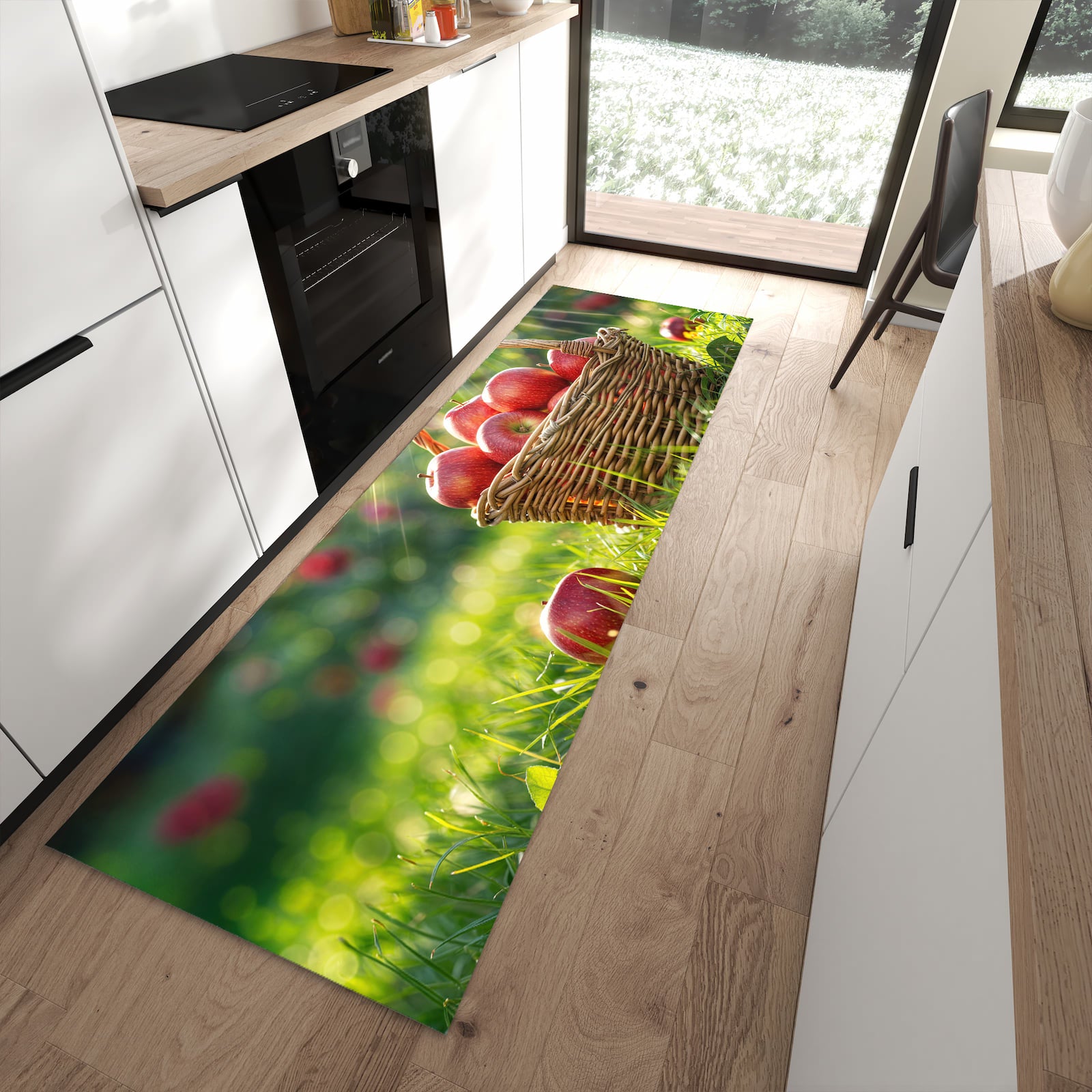 Strapazierfähiger Küchenläufer mit Motiv Korb mit roten Äpfeln in moderner Küche