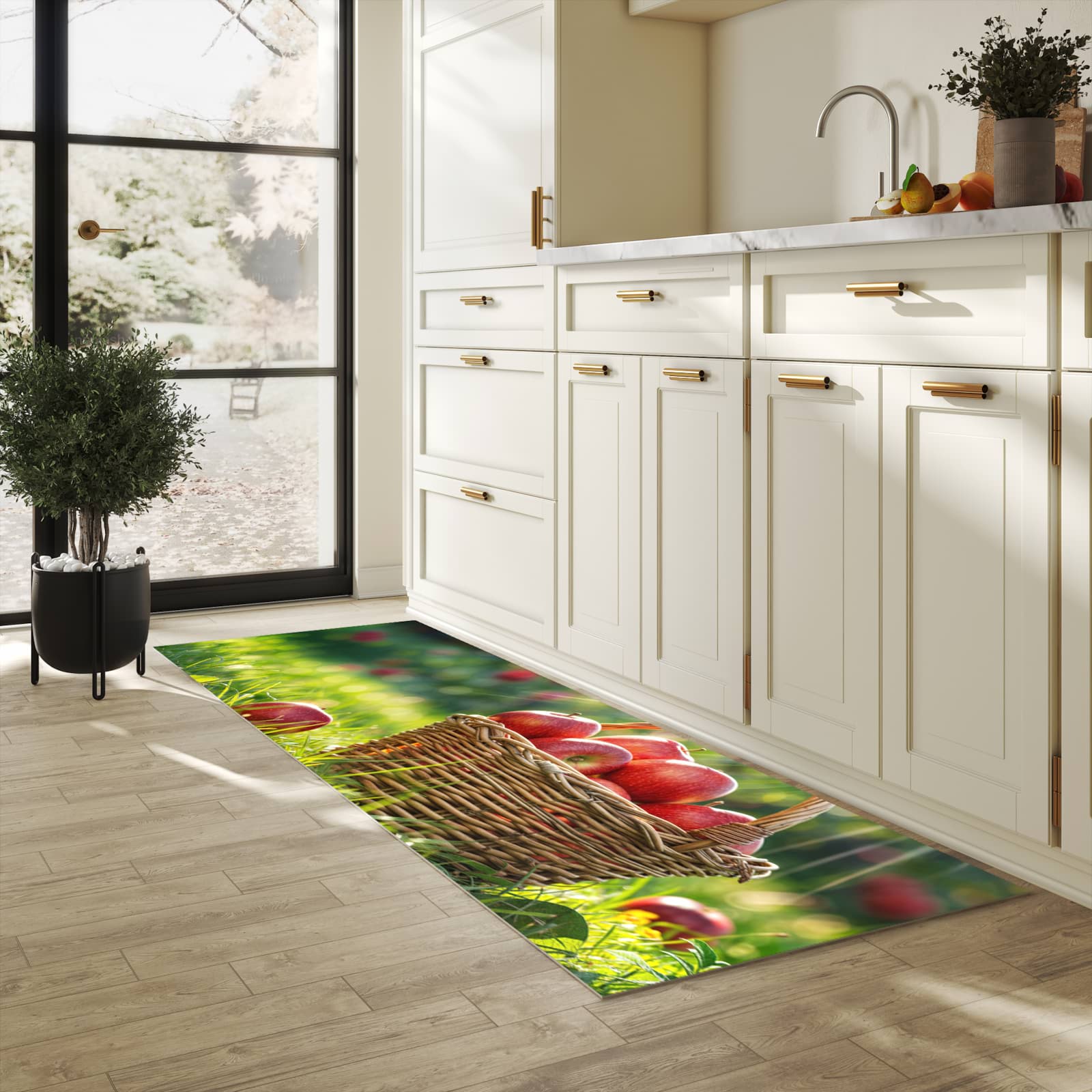 Farbbeständiger Küchenläufer mit Motiv Korb mit roten Äpfeln in heller Küche