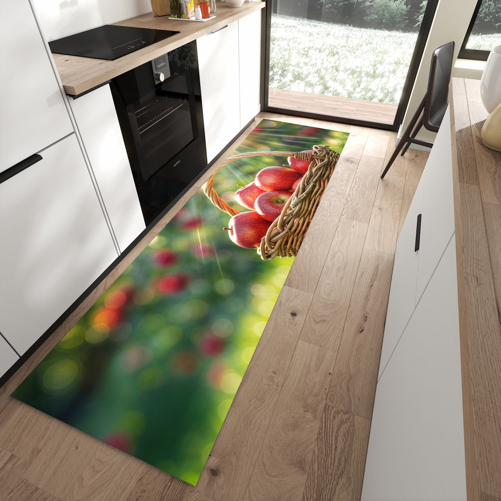 Waschbarer Küchenteppich mit Motiv Korb mit roten Äpfeln in moderner Küche