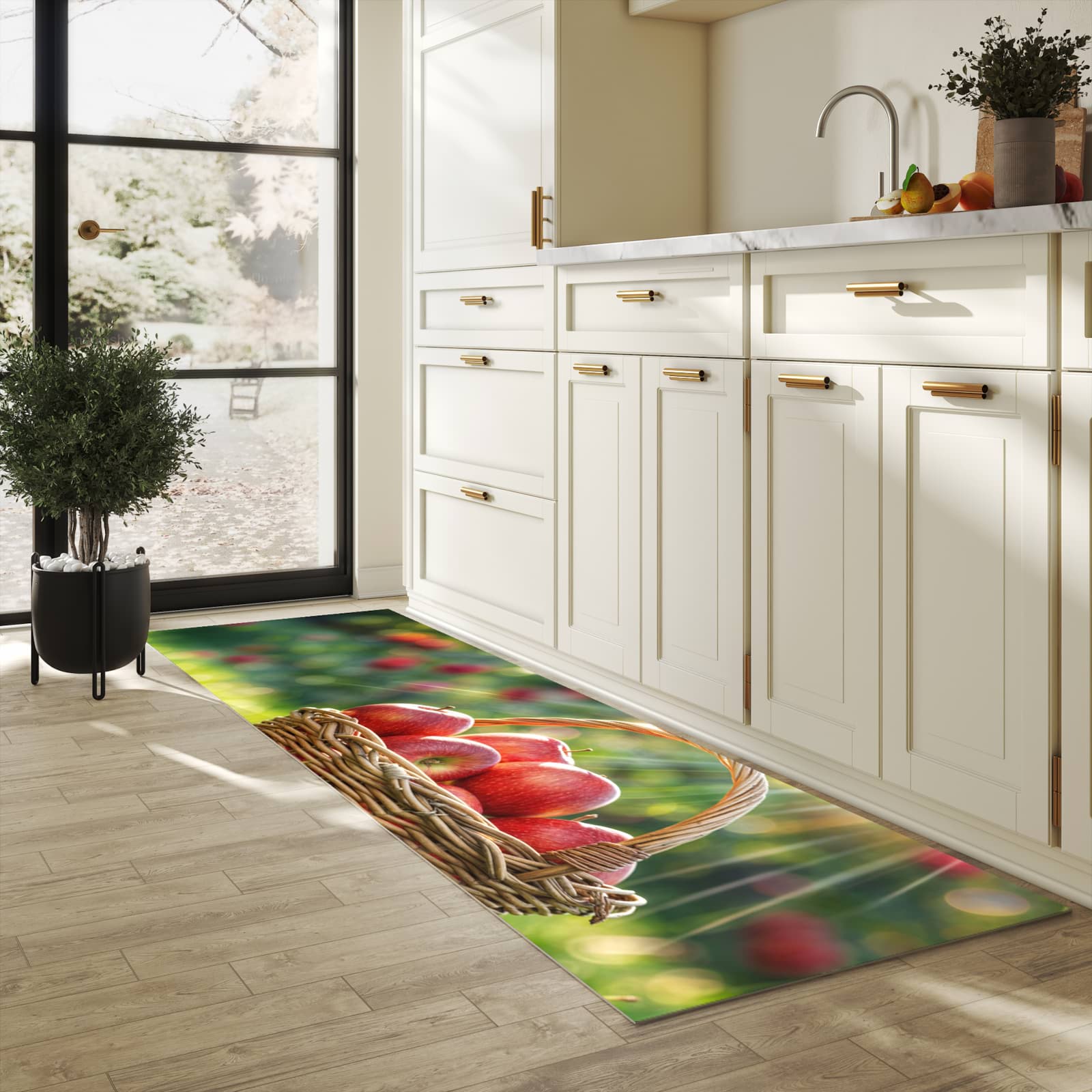 Formstabiler Küchenläufer mit Motiv Korb mit roten Äpfeln in heller Küche