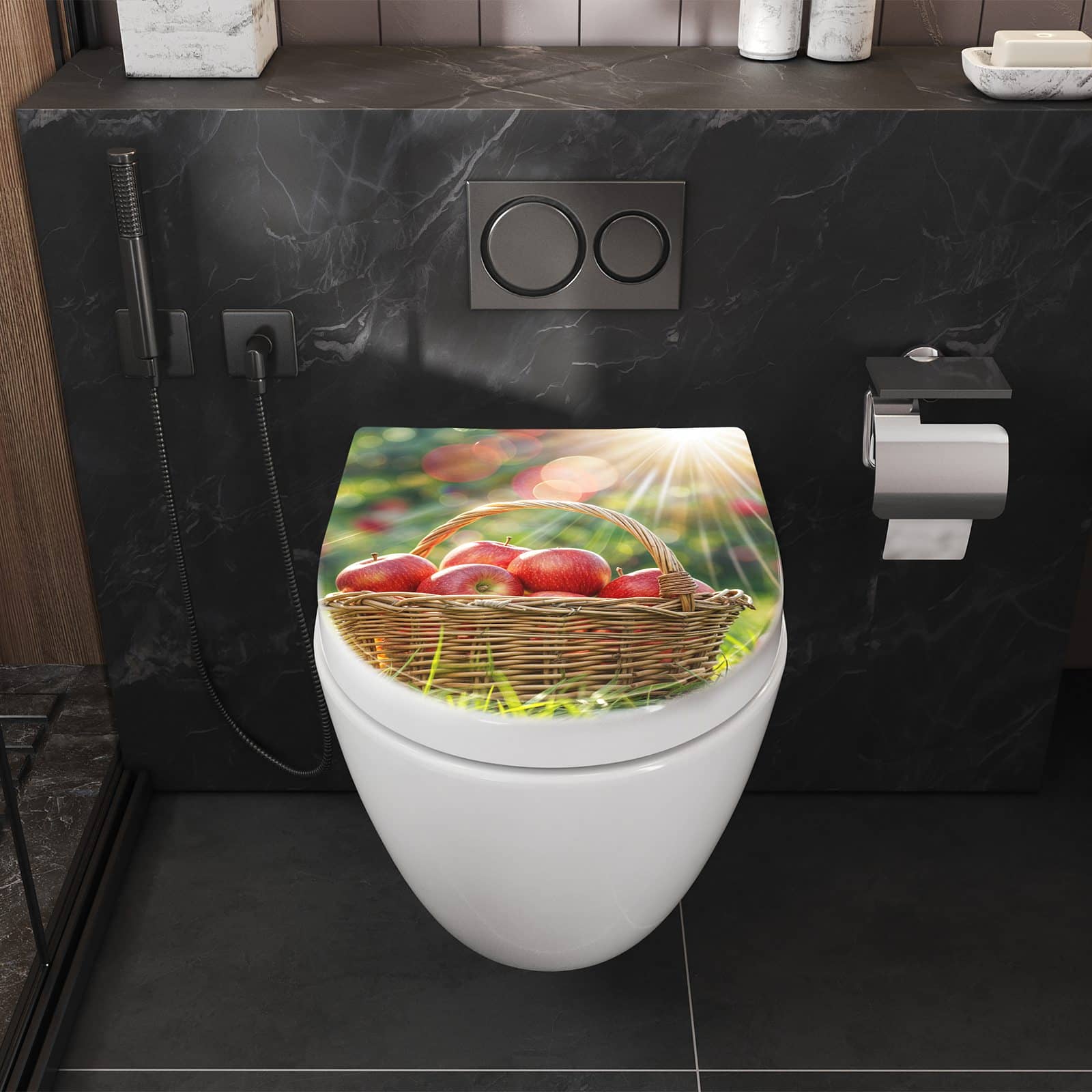 WC-Sitz mit Absenkautomatik Korb mit roten Äpfeln