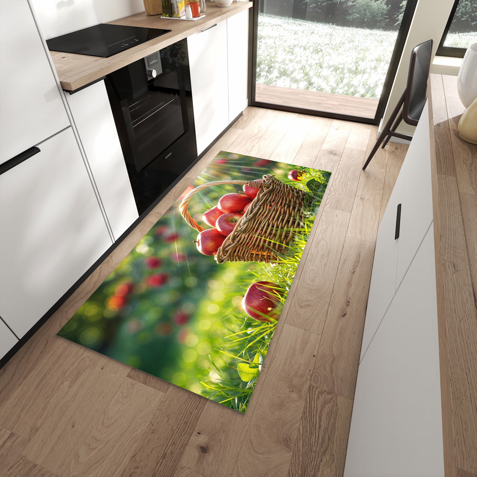 Rutschfester waschbarer Küchenteppich mit Motiv Korb mit roten Äpfeln in moderner Küche