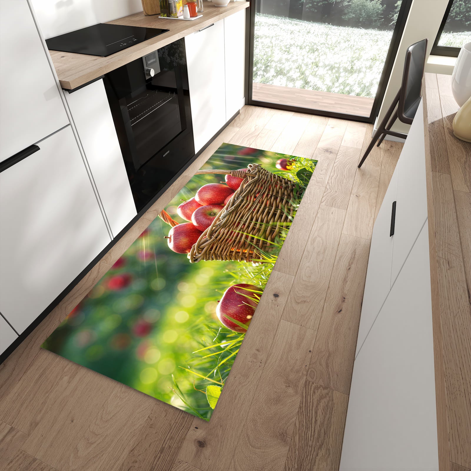 Hygienischer Läufer für die Küche mit Motiv Korb mit roten Äpfeln in moderner Küche