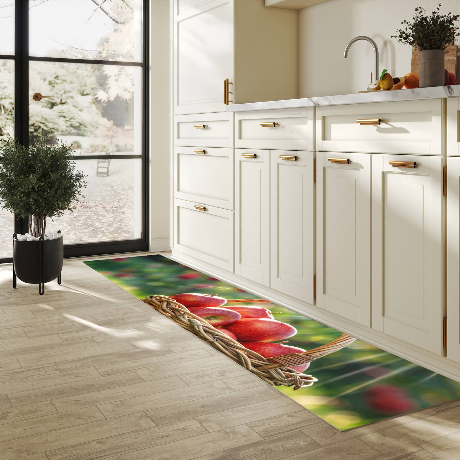 Bodenschonender Küchenteppich mit Motiv Korb mit roten Äpfeln in heller Küche