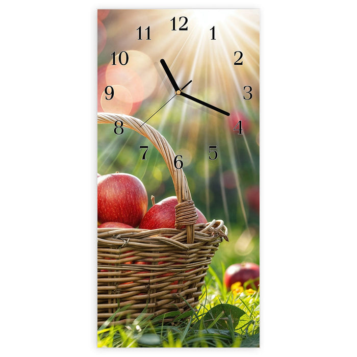 Wanduhr Korb mit roten Äpfeln aus Glas – Hochformat 30 × 60 cm mit Ziffernblatt Klassisch