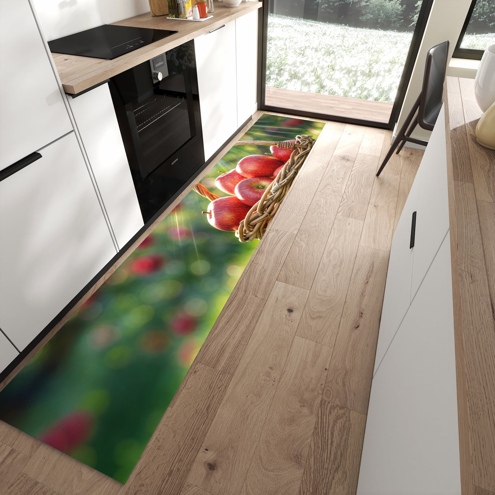 Pflegeleichter Küchenteppich mit Motiv Korb mit roten Äpfeln in moderner Küche