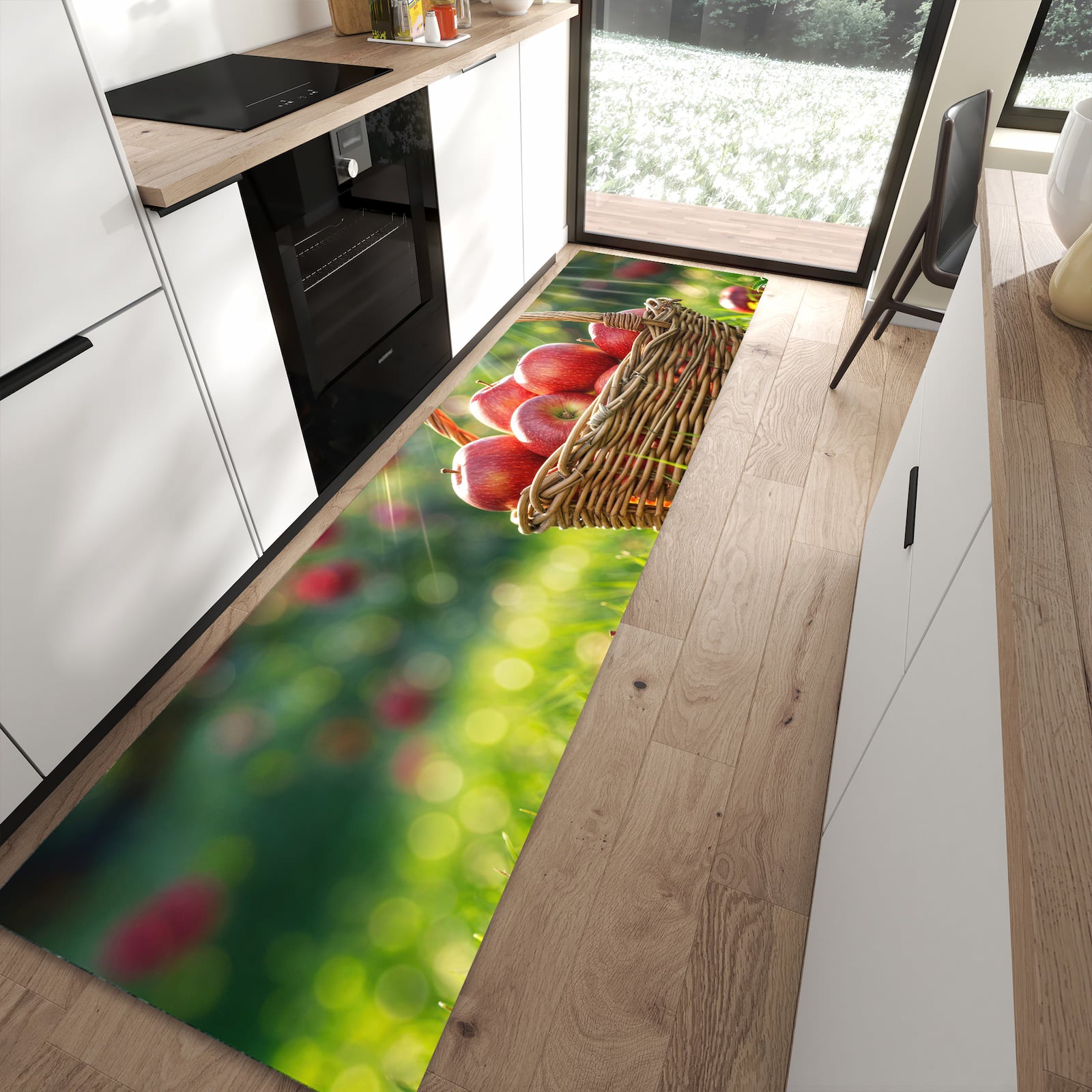 Langlebiger Küchenvorleger mit Motiv Korb mit roten Äpfeln in moderner Küche
