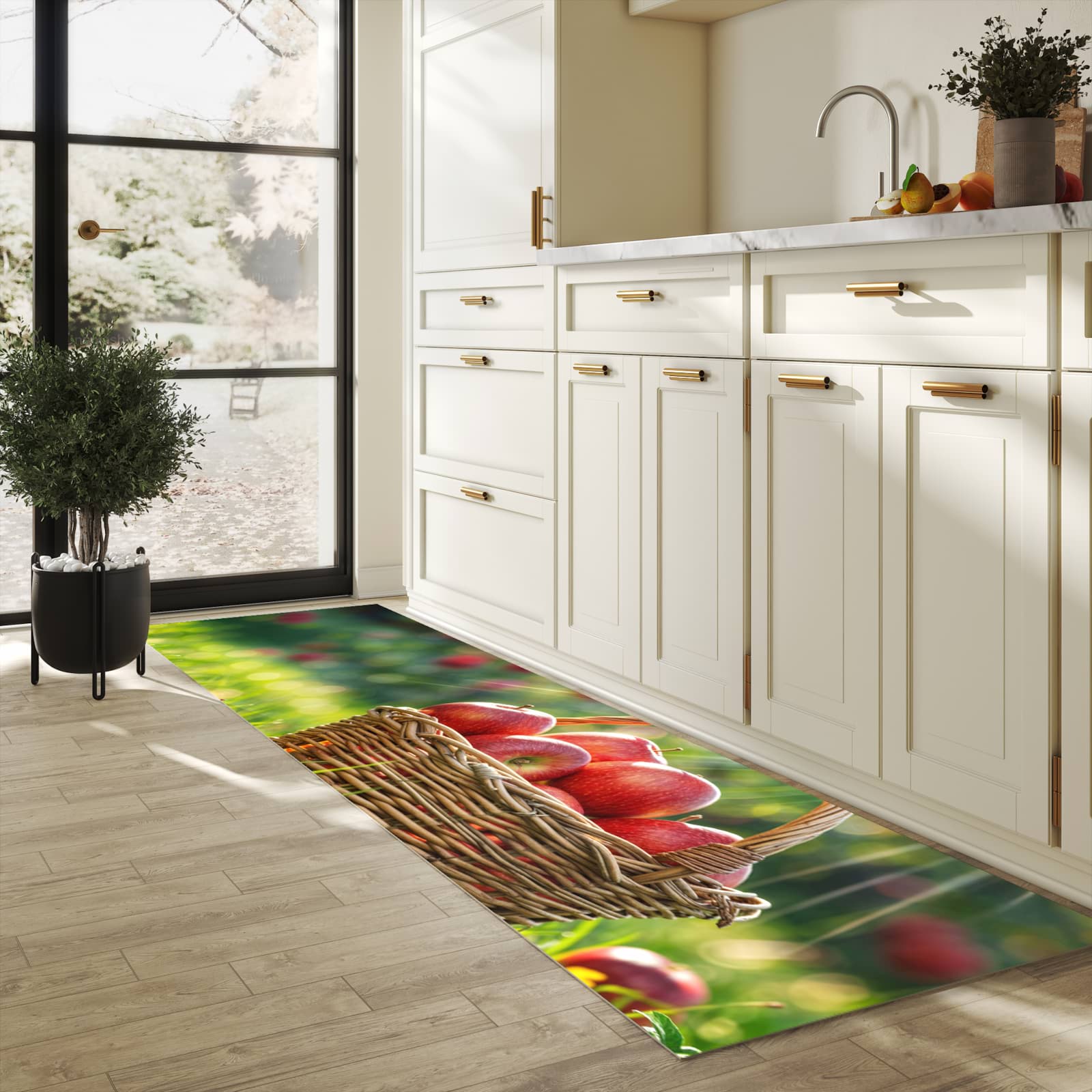 Küchenvorleger mit Motiv Korb mit roten Äpfeln in heller Küche für sichere Aufbewahrung