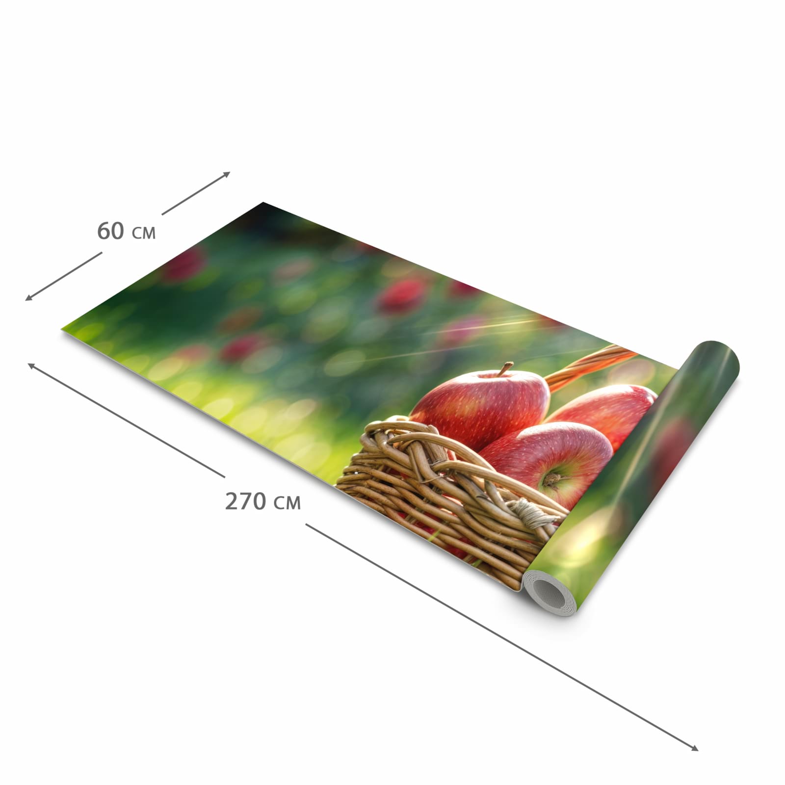 Pflegeleichter langer Teppich mit Motiv Korb mit roten Äpfeln in der Grösse 60x270 cm