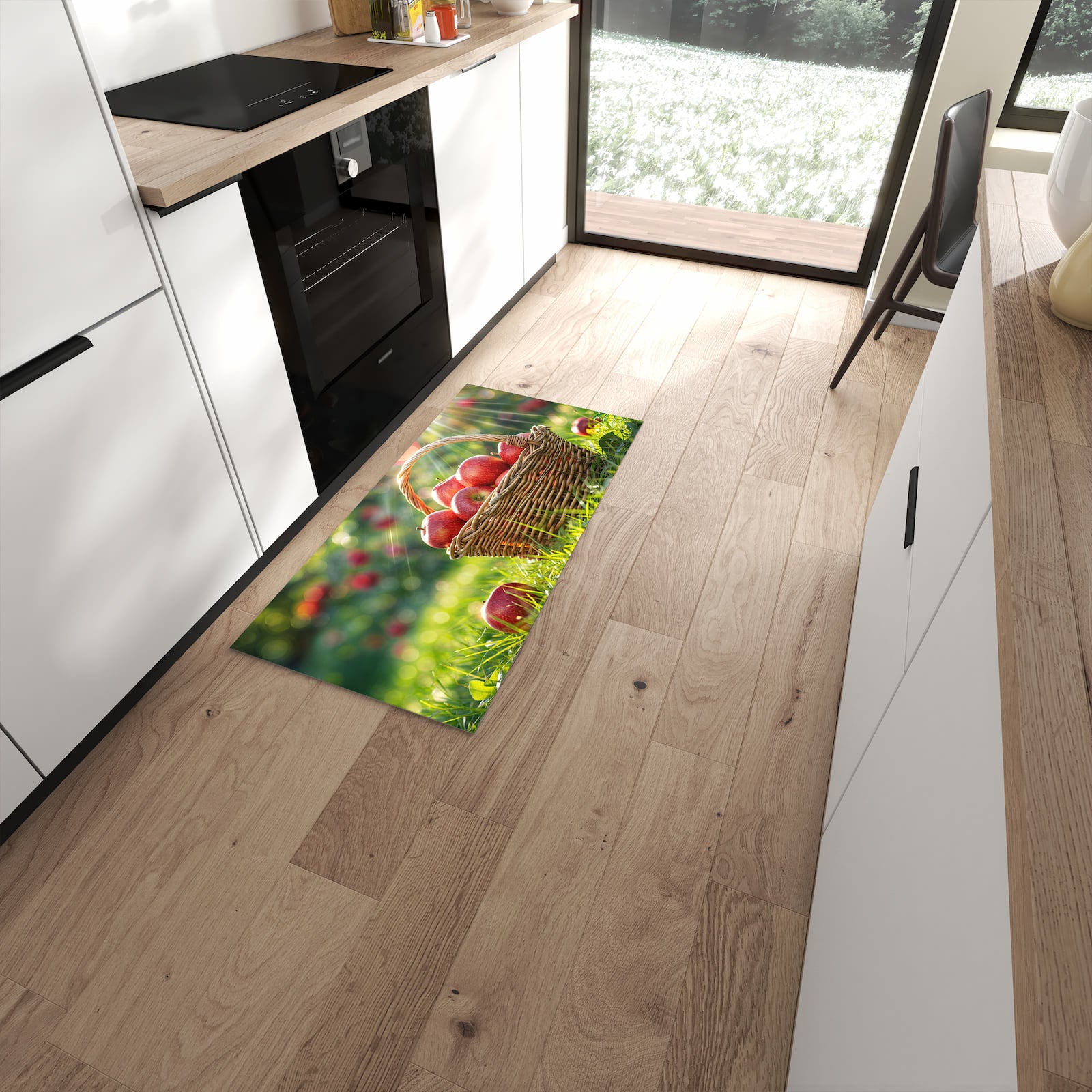 Langlebiger Küchenteppich mit Motiv Korb mit roten Äpfeln in moderner Küche #grösse_60 x 120 cm