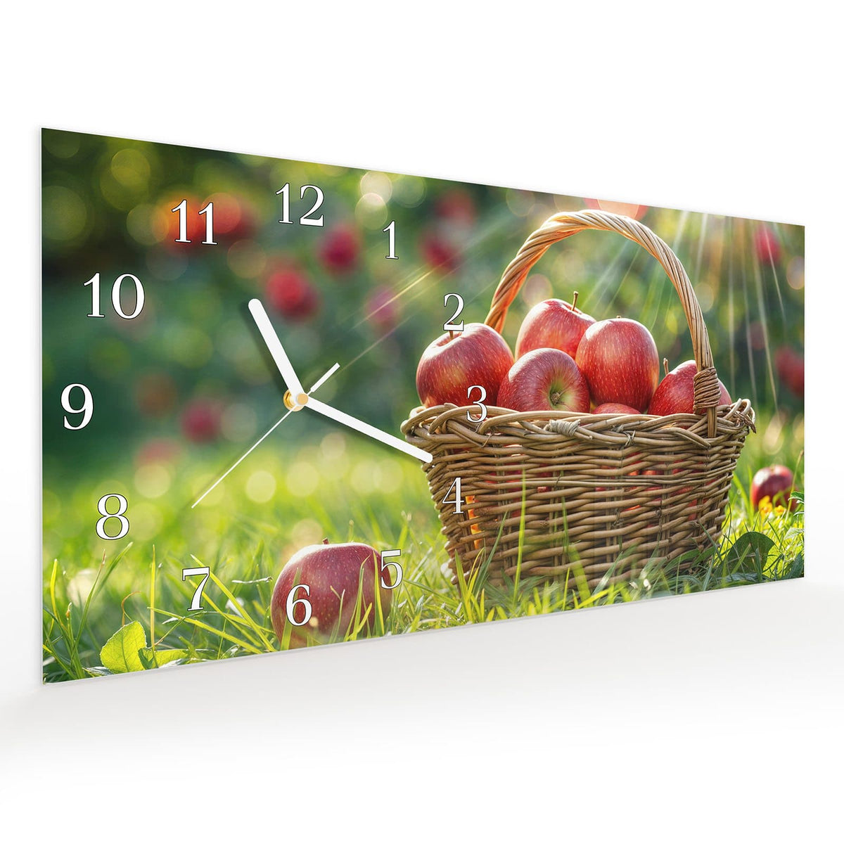 Vormontiert – mit Schwebeeffekt – Wanduhr Korb mit roten Äpfeln aus Glas – Querformat 60 × 30 cm