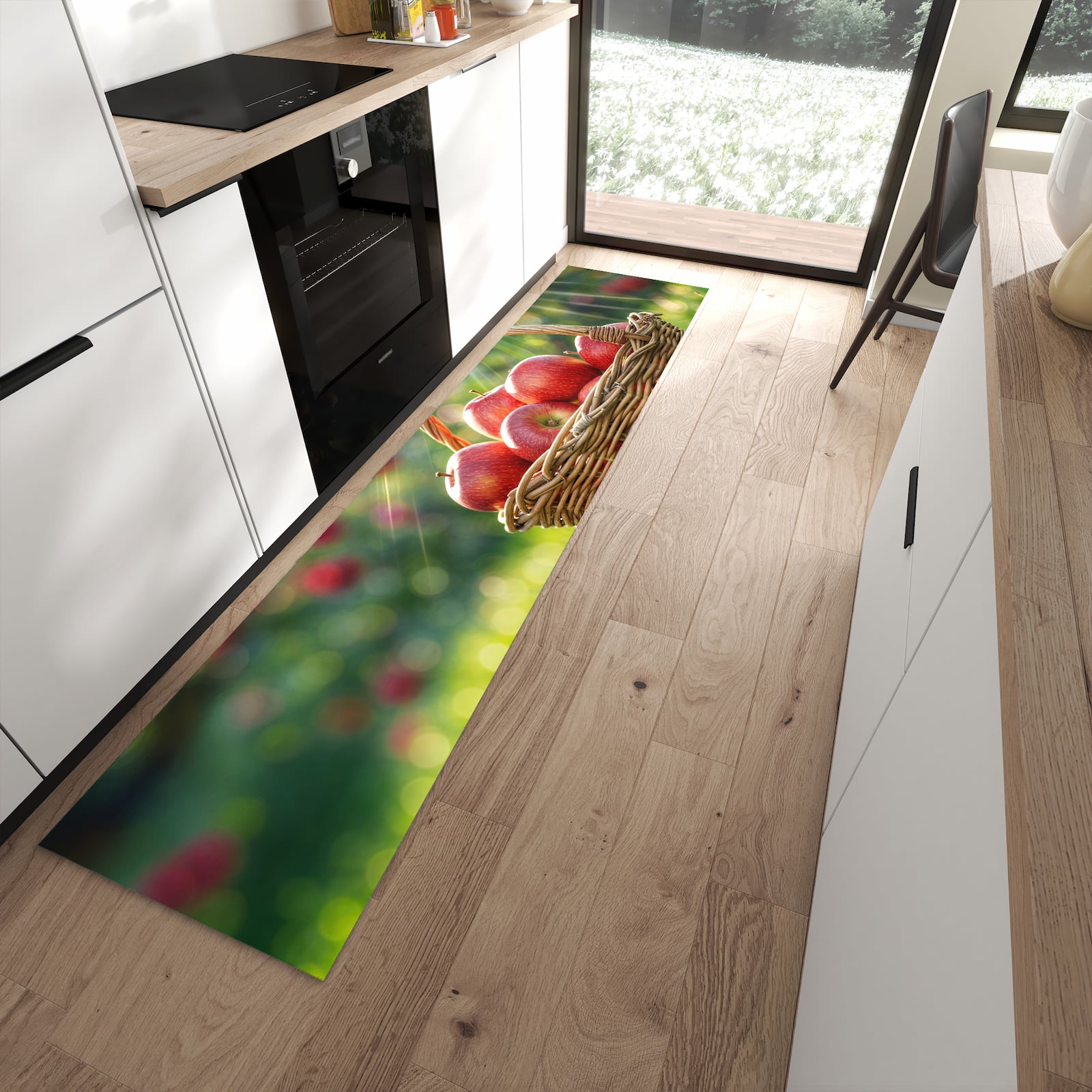 Rutschfester Küchenteppich mit Motiv Korb mit roten Äpfeln in moderner Küche